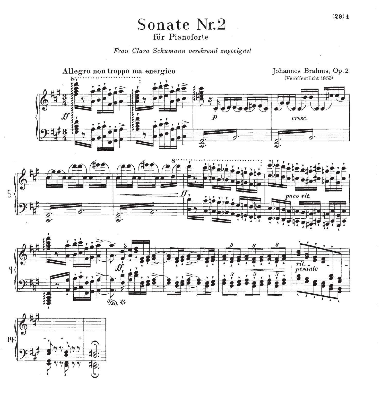 Grafika przedstawia partyturę pierwszych piętnastu taktów Sonaty fortepianowej nr 2 fis‑moll op. 2 autorstwa kompozytora Johannesa Brahmsa. Utwór jest napisany w metrum trzy czwarte, w tonacji fis‑moll i tempie allegro non troppo ma energico [czytaj: allegro non troppo ma energiko]. W partyturze zapisano partię fortepianu w kluczach wiolinowym oraz basowym.W pierwszym takcie w kluczu wiolinowym na pierwszą miarę grana jest szesnastka‑czterodźwięk, złożony z nut fis, a, cis oraz fis, grany z arpeggio [czytaj: arpedżjo] oraz artykulacją spiccato [czytaj: spikkato]. Dalej zapisano pauzę ósemkową oraz szesnastkę‑oktawę a z artykulacją spiccato [czytaj: spikkato]. Na drugą miarę zapisano cztery szesnastki‑oktawy, wszystkie z artykulacją spiccato [czytaj: spikkato]: kolejno h, cis, fis oraz gis. Na miarę trzecią grana jest ćwierćnuta‑oktawa a z akcentem. W drugim takcie na pierwszą miarę grana jest szesnastka‑czterodźwięk, złożony z nut a, cis, e oraz a, grany z arpeggio [czytaj: arpedżjo] oraz artykulacją spiccato [czytaj: spikkato]. Dalej zapisano pauzę szesnastkową oraz szesnastkę‑oktawę cis z artykulacją spiccato [czytaj: spikkato]. Na drugą miarę zapisano cztery szesnastki‑oktawy, wszystkie z artykulacją spiccato [czytaj: spikkato]: kolejno d, e, a oraz h. Na miarę trzecią grana jest ćwierćnuta‑oktawa cis z akcentem. W takcie trzecim na pierwszą miarę grana jest ósemka‑czterodźwięk cis, eis, gis oraz cis z arpeggio [czytaj: arpedżjo], następnie pauza szesnastkowa oraz szesnastka cis z artykulacją staccato [czytaj: stakkato], pod którą zapisano zmianę dynamiki na piano [czytaj: pjano]. Na miary drugą oraz trzecią zapisano szesnastki z artykulacją legato: kolejno cis, d, d, cis, cis, eis, eis oraz cis. W takcie czwartym zapisano crescendo oraz same szesnastki z artykulacją legato: kolejno cis, gis, gis oraz cis na miarę pierwszą, cis, dis oktawę wyżej, dis, cis oktawę niżej na miarę drugą oraz cis, eis oktawę wyżej, eis oraz cis na miarę trzecią.W kluczu basowym w pierwszym takcie na pierwszą miarę grana jest szesnastka‑czterodźwięk, złożony z nut fis, a, cis oraz fis, grany z arpeggio [czytaj: arpedżjo] oraz artykulacją spiccato [czytaj: spikkato]. Dalej zapisano pauzę ósemkową oraz szesnastkę‑oktawę a z artykulacją spiccato [czytaj: spikkato]. Na drugą miarę zapisano cztery szesnastki‑oktawy, wszystkie z artykulacją spiccato [czytaj: spikkato]: kolejno h, cis, fis oraz gis. Na miarę trzecią grana jest ćwierćnuta‑oktawa a z akcentem. W drugim takcie na pierwszą miarę grana jest szesnastka‑czterodźwięk, złożony z nut a, cis, e oraz a, grany z arpeggio [czytaj: arpedżjo] oraz artykulacją  spiccato [czytaj: spikkato]. Dalej zapisano pauzę szesnastkową oraz szesnastkę‑oktawę cis z artykulacją  spiccato [czytaj: spikkato]. Na drugą miarę zapisano cztery szesnastki‑oktawy, wszystkie z artykulacją spiccato: kolejno d, e, a oraz h. Na miarę trzecią grana jest ćwierćnuta‑oktawa cis z akcentem. W takcie trzecim grane są duole półnutowe - najpierw cis i gis, a następnie h. W takcie czwartym powtarzany jest takt trzeci.W piątym takcie w kluczu wiolinowym grane są wyłącznie szesnastki z artykulacją legato: na miarę pierwszą cis, gis, gis, cis, na drugą miarę cis, dis oktawę wyżej, dis, cis oktawę niżej, na miarę trzecią cis, eis oktawę wyżej, eis, cis oktawę niżej. W takcie szóstym ponownie grane są wyłącznie szesnastki z artykulacją legato: na miarę pierwszą cis, dis oktawę wyżej, dis, cis oktawę niżej, na miarę drugą cis, eis oktawę wyżej, eis, cis oktawę niżej, na trzecią miarę cis, dis oktawę wyżej i dis, dis oktawę niżej. Pod taktem zapisano crescendo [czytaj: kreszendo]. W takcie siódmym wszystkie dźwięki grane są jako oktawy z artykulacją spiccato [czytaj: spikkato]. Na pierwszą miarę zapisano szesnastkę dis, pauzę ósemkową oraz szesnastkę cis, na miarę drugą szesnastki c, h, b oraz a, na trzecią miarę szesnastki gis, g, fis oraz f. Pod taktem zapisano zmianę dynamiki na forte fortissimo na pierwszą miarę. W takcie ósmym wszystkie dźwięki to szesnastki, grane w oktawach z artykulacją spiccato. Są to kolejno: na miarę pierwszą e, es, d oraz cis, na miarę drugą c, h, ais oraz cis, na trzecią miarę a, cis, gis oraz cis. Pod taktem zapisano oznaczenie poco rit [czytaj: poko rit].W piątym takcie w kluczu basowym grane są duole półnutowe - najpierw cis i gis, a następnie h. W takcie szóstym powtarzany jest takt piąty. W takcie siódmym wszystkie dźwięki grane są jako oktawy z artykulacją spiccato [czytaj: spikkato]. Na pierwszą miarę zapisano szesnastkę dis, pauzę ósemkową oraz szesnastkę cis, na miarę drugą szesnastki c, h, b oraz a, na trzecią miarę szesnastki gis, g, fis oraz f. W takcie ósmym wszystkie dźwięki to szesnastki, grane w oktawach z artykulacją spiccato [czytaj: spikkato]. Są to kolejno: na miarę pierwszą e, es, d oraz cis, na miarę drugą c, h, ais oraz cis, na trzecią miarę a, cis, gis oraz cis.W dziewiątym takcie w kluczu wiolinowym na pierwszą miarę grana jest szesnastka‑czterodźwięk, złożony z nut fis, a, cis oraz fis, grany z arpeggio [czytaj: arpedżjo] oraz artykulacją spiccato [czytaj: spikkato]. Dalej zapisano pauzę ósemkową oraz szesnastkę‑oktawę a z artykulacją spiccato [czytaj: spikkato]. Na drugą miarę zapisano cztery szesnastki‑oktawy, wszystkie z artykulacją spiccato [czytaj: spikkato]: kolejno h, cis, fis oraz gis. Na miarę trzecią grana jest ćwierćnuta‑oktawa a z akcentem, przedłużona do taktu kolejnego. W takcie dziesiątym na pierwszą miarę grana jest ósemka z kropką‑oktawa a, a następnie szesnastka‑dwudźwięk fis i dis z artykulacją spiccato [czytaj: spikkato], pod którą zapisano zmianę dynamiki na forte fortissimo. Na drugą miarę grane są wyłącznie szesnastki‑dwudźwięki z artykulacją spiccato [czytaj: spikkato]: najpierw a i e, następnie d i fis, dalej d i fis oktawę niżej, a następnie e oraz gis. Na miarę trzecią zapisano ćwierćnutę‑dwudźwięk fis i a z akcentem, przedłużoną do kolejnego taktu. W jedenastym takcie na pierwszą miarę grana jest ósemka‑dwudźwięk, przedłużona z taktu poprzedniego, a dalej szesnastka‑dwudźwięk d i fis oraz szesnastka‑dwudźwięk e oraz gis, obie z artykulacją spiccato [czytaj: spikkato]. Na miarę drugą zapisano ćwierćnutę‑dwudźwięk fis oraz a, przedłużoną o ósemkę na miarę trzecią, a następnie szesnastkę‑dwudźwięk d i fis oraz szesnastkę‑dwudźwięk e oraz gis, obie z artykulacją spiccato [czytaj: spikkato]. W dwunastym takcie wszystkie dźwięki to triole ósemkowe‑dwudźwięki z artykulacją spiccato [czytaj: spikkato]; na każdą z miar powtarza się układ fis‑a, d‑fis oraz e‑gis, łącznie trzy razy. Na miary drugą oraz trzecią zapisano crescendo [czytaj: kreszendo]. W takcie trzynastym wszystkie dźwięki to ósemki‑dwudźwięki z artykulacją spiccato [czytaj: spikkato]; na pierwszą miarę to h‑d oraz gis‑h, na miarę drugą e‑gis oraz d‑fis, na miarę trzecią h‑d oraz gis‑h. Pod taktem zapisano oznaczenie rit.-pesante.W dziewiątym takcie w kluczu basowym na pierwszą miarę grana jest szesnastka‑czterodźwięk, złożony z nut fis, a, cis oraz fis, grany z arpeggio [czytaj: arpedżjo] oraz artykulacją spiccato [czytaj: spikkato]. Dalej zapisano pauzę ósemkową oraz szesnastkę‑oktawę a z artykulacją spiccato [czytaj: spikkato]. Na drugą miarę zapisano cztery szesnastki‑oktawy, wszystkie z artykulacją spiccato [czytaj: spikkato]: kolejno h, cis, fis oraz gis. Na miarę trzecią grana jest ćwierćnuta‑oktawa a z akcentem, przedłużona do taktu kolejnego. W takcie dziesiątym na pierwszą miarę grana jest ósemka z kropką‑oktawa a, pod którą zapisano naciśnięcie pedału forte, a następnie szesnastka‑dwudźwięk fis i dis z artykulacją spiccato [czytaj: spikkato], pod którą zapisano zmianę puszczenie pedału forte. Na drugą miarę grane są wyłącznie szesnastki‑dwudźwięki z artykulacją spiccato [czytaj: spikkato]: najpierw a i e, następnie d i fis, dalej d i fis oktawę niżej, a następnie e oraz gis. Na miarę trzecią zapisano ćwierćnutę‑dwudźwięk fis i a z akcentem, przedłużoną do kolejnego taktu. W jedenastym takcie na pierwszą miarę grana jest ósemka‑dwudźwięk, przedłużona z taktu poprzedniego, a dalej szesnastka‑dwudźwięk d i fis oraz szesnastka‑dwudźwięk e oraz gis, obie z artykulacją spiccato [czytaj: spikkato]. Na miarę drugą zapisano ćwierćnutę‑dwudźwięk fis oraz a, przedłużoną o ósemkę na miarę trzecią, a następnie szesnastkę‑dwudźwięk d i fis oraz szesnastkę‑dwudźwięk e oraz gis, obie z artykulacją spiccato [czytaj: spikkato]. W dwunastym takcie wszystkie dźwięki to triole ósemkowe‑dwudźwięki z artykulacją spiccato [czytaj: spikkato]; na każdą z miar powtarza się układ fis‑a, d‑fis oraz e‑gis, łącznie trzy razy. Na miary drugą oraz trzecią zapisano crescendo. W takcie trzynastym wszystkie dźwięki to ósemki‑dwudźwięki z artykulacją spiccato [czytaj: spikkato]; na pierwszą miarę to h‑d oraz gis‑h, na miarę drugą e‑gis oraz d‑fis, na miarę trzecią h‑d oraz gis‑h.W taktach czternastym oraz piętnastym wszystkie dźwięki z klucza wiolinowego zostały przeniesione do klucza basowego.W kluczu basowym w czternastym takcie w górnym rejestrze na pierwszą miarę grana jest ósemka‑dwudźwięk e oraz gis z artykulacją spiccato [czytaj: spikkato], następnie pauza ósemkowa. Na miarę drugą zapisano pauzę ósemkową oraz ósemkę‑dwudźwięk d oraz fis z artykulacją spiccato [czytaj: spikkato], natomiast na miarę trzecią dwie pauzy ósemkowe. W dolnym rejestrze grane jest dokładnie to samo oktawę niżej. W takcie piętnastym w układzie górnym grana jest półnuta z kropką cis oraz eis z fermatą, a w układzie dolnym to samo oktawę niżej. 