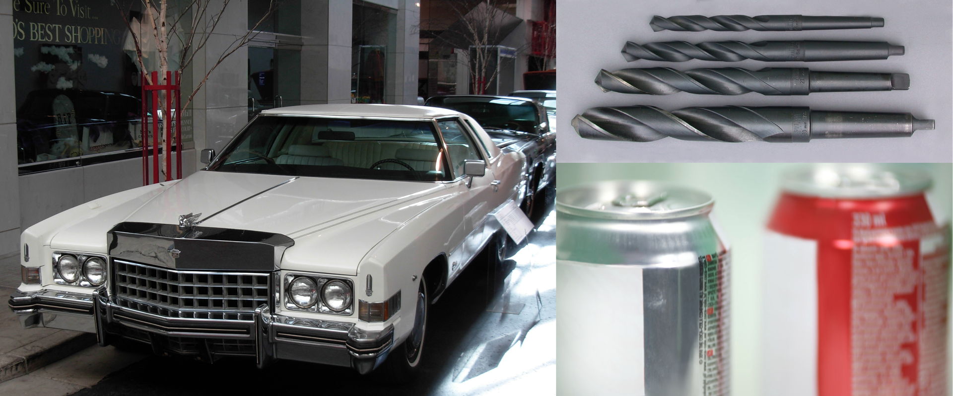 Seria zdjęć i kolaży przedstwiająca przykłady zastosowania stopów metali. Ilustracja pierwsza przedstawia przykłady przedmiotów ze stali: puszki, wiertła, karoseria samochodu.