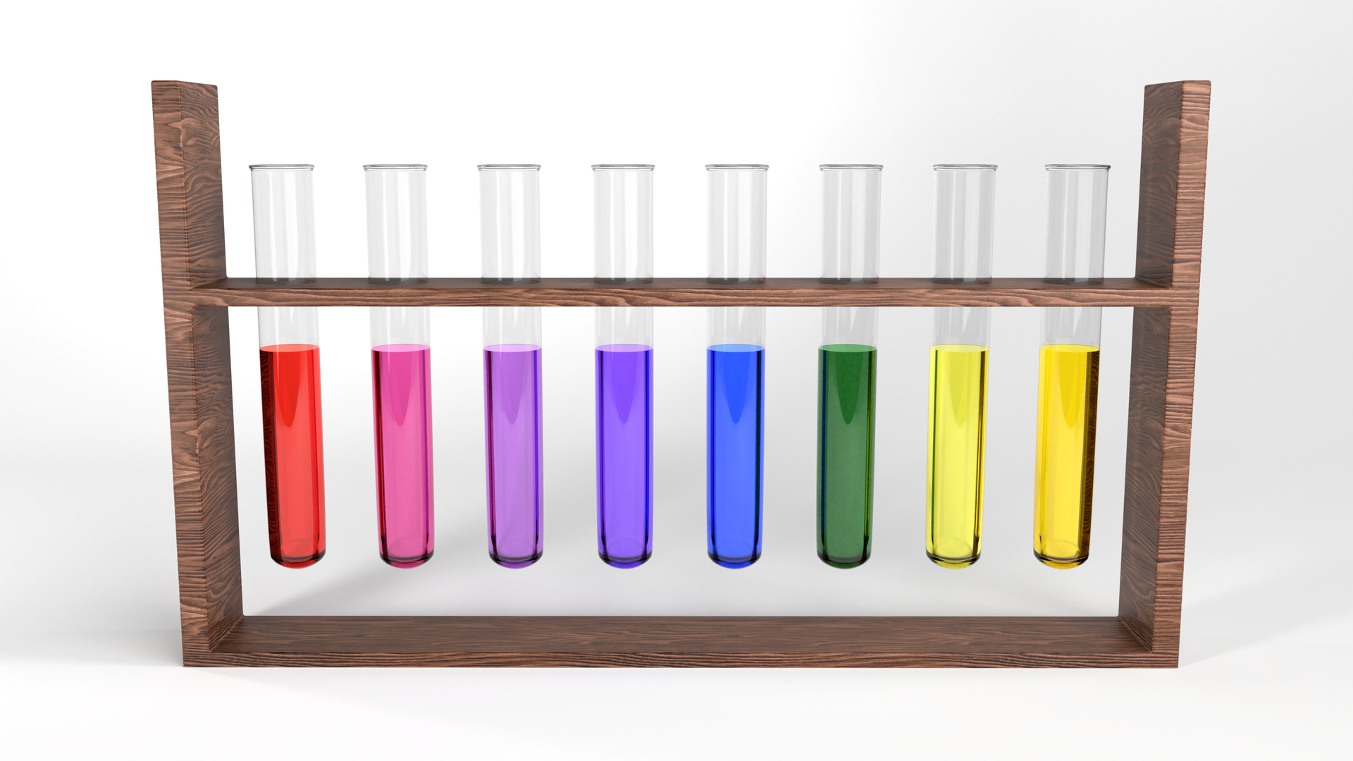 Ilustracja przedstawiająca statyw z ośmioma probówkami, w których znajduje się wywar z czerwonej kapusty o różnych zabarwieniach w zależności od pH badanej próbki. Wartość pH próbki wzrasta od lewej do prawej. Od lewej czerwona barwa wywaru przy pH próbki wynoszącym około 0. Dalej barwa różowa, a następnie fioletowa przy wartościach wynoszących pH około 7. Przy lekko zasadowym pH roztwory przybierają barwę niebieską, przy silniej zasadowym zieloną, następie, zaś przy pH przyjmującym wartości od trzynastu do czternastu żółtą.