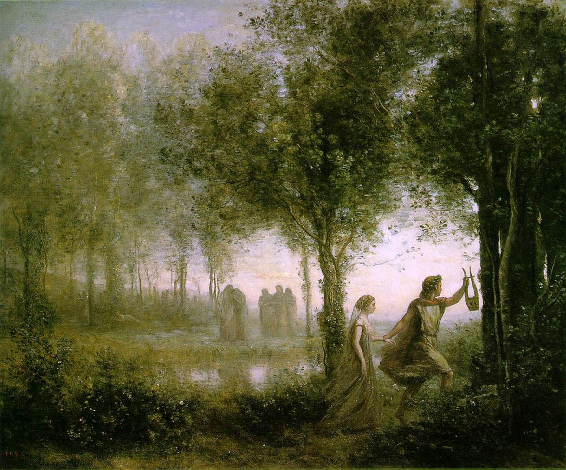 lustracja przedstawia obraz Jean‑Baptiste‑Camille Corot [czyt. żan baptist kamil koro] pt. „Orfeusz wyprowadzający Eurydykę z podziemi”. Obraz utrzymany jest w ciemnej tonacji, z przewagą zieleni. W prawym dolnym rogu widnieją dwie postaci: przodem kroczy mężczyzna w jasnej zwiewnej szacie, z wieńcem laurowym na głowie i lirą w ręku. Drugą ręką trzyma kobietę, która podąża za nim. Ubrana jest w cienką długą suknię, na głowie ma welon. W centrum obrazu widnieje podmokły teren, dookoła rosną drzewa i krzaki. W dali stoją dwie grupy smętnych postaci.