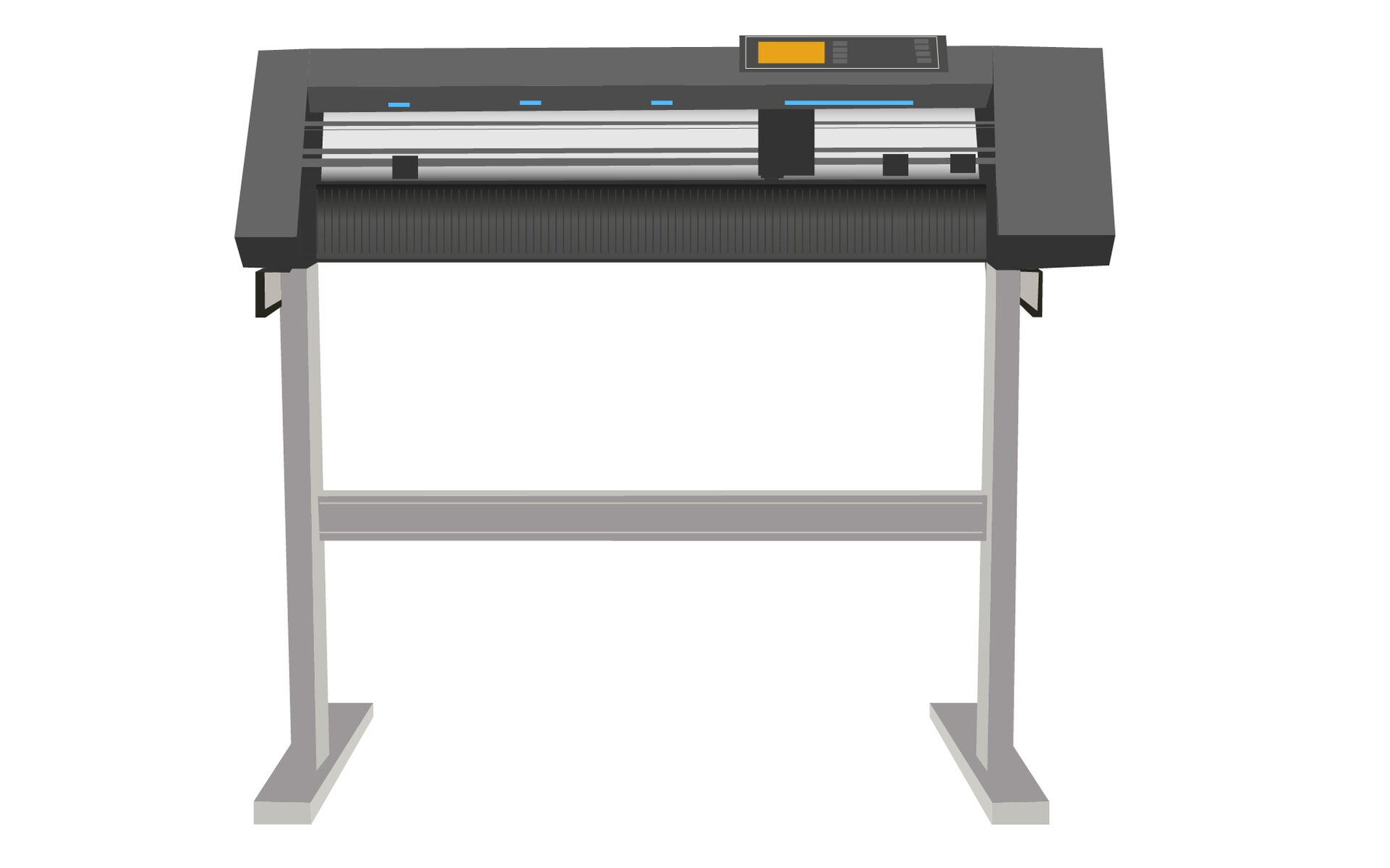 Fotografia przedstawia ploter tnący rolowy. Urządzenie stoi na dwóch nogach połączonych pośrodku belką. Na górze ciemna, plastikowa obudowa maszyny. Od frontu zamontowane poziomo, równolegle względem siebie dwie ruchome rolki, przed którymi na metalowym pręcie jest zainstalowany ruchomy w poziomie nóż do cięcia obrabianych materiałów. Powyżej niewielki ekran. Po jego prawej stronie przyciski do szczegółowych ustawień pracy maszyny.