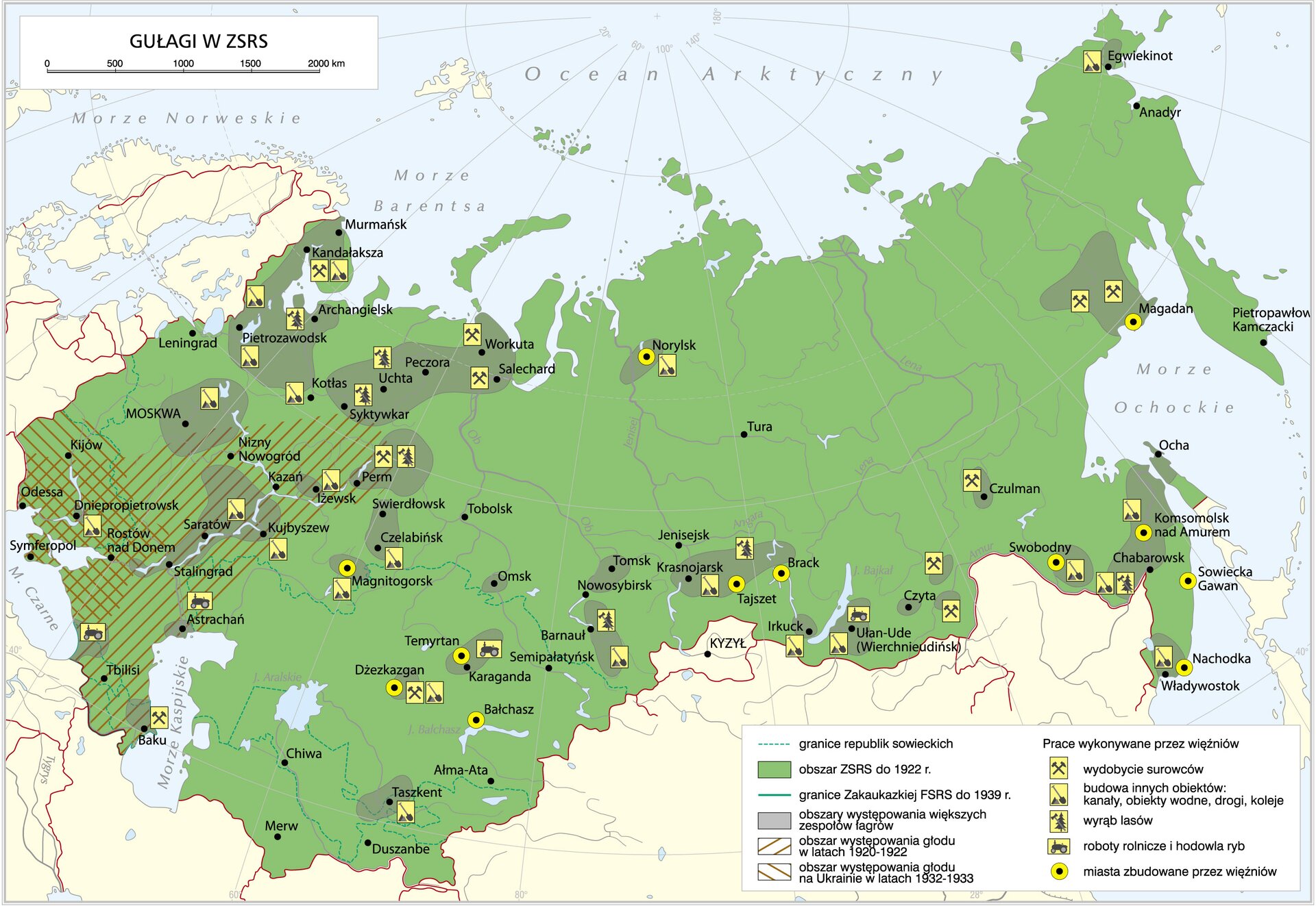 Mapa Gułagów w ZSRS. Zawiera informacje o rozmieszczeniu łagrów i pracach wykonywanych przez więźniów. Terytorium ZSRS zaznaczono kolorem zielonym, wskazano obszary więzień : Moskwa Pietropawłowsk, Peczora, Uchta, Workuta, Norylsk, Krasnojarsk, Magadan, Chabarowsk.