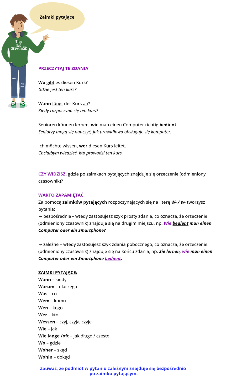 Ilustracja zawiera poradę językową.
Grafika przedstawia chłopca ubranego w zieloną bluzę z napisem Tipp zur Grammatik oraz niebieskie spodnie. 
Chłopiec mówi: Zaimki pytające.
Pozostałą część ilustracji stanowi tekst, którego treść wyświetla się w trybie dostępności.