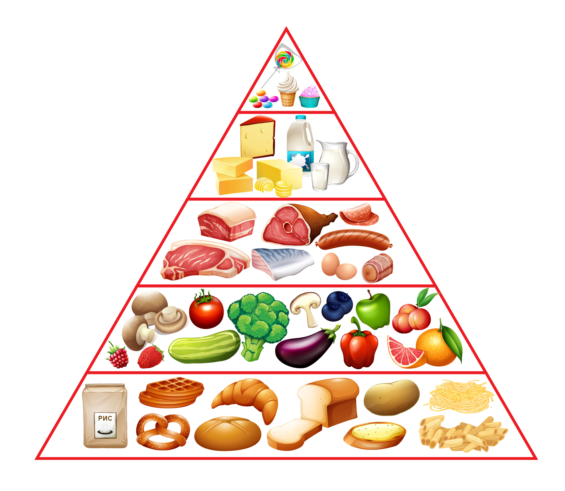 Ilustracja przedstawia piramidę żywieniową. Na samym dole znajdują się makarony, pieczywo, ziemniaki, na kolejnym poziomie owoce i warzywa, następnie mięsa i ryby, potem nabiał, na samym szczycie słodycze. 