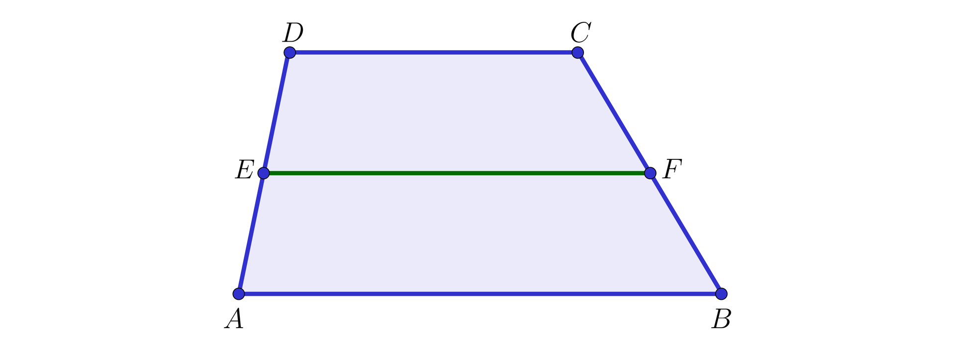 Na ilustracji przedstawiono trapez ABCD. Zaznaczono punkt E, stanowiący środek boku AD, oraz punkt F stanowiący środek boku BC. Kolorem zielonym zaznaczono odcinek EF.