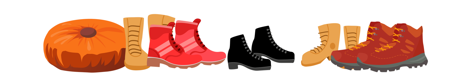 Ilustracja przedstawia jedną z wróżb andrzejkowych, polegającą na ustawianiu butów. Po lewej stronie leży okrągła pomarańczowa poduszka. Obok znajduje się pięć par butów. Pierwsza para ma kolor jasnobrązowy, druga czerwony, trzecia czarny, czwarta jest taka sama jak pierwsza, a piąta ma kolor brązowy.