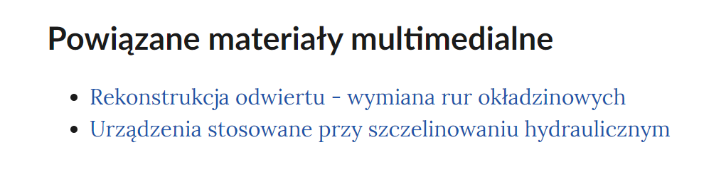 Na grafice przedstawiono przykładowy widok powiązanych materiałów multimedialnych. Pod nagłówkiem: "Powiązane materiały multimedialne" znajduje się lista nienumerowana. Każdy punkt listy zawiera tytuł multimedium pod którym znajduje się link do niego. Punkt pierwszy: Rekonstrukcja odwiertu myślnik wymiana rur okładzinowych. Punkt drugi: Urządzenia stosowane przy szczelinowaniu hydraulicznym.