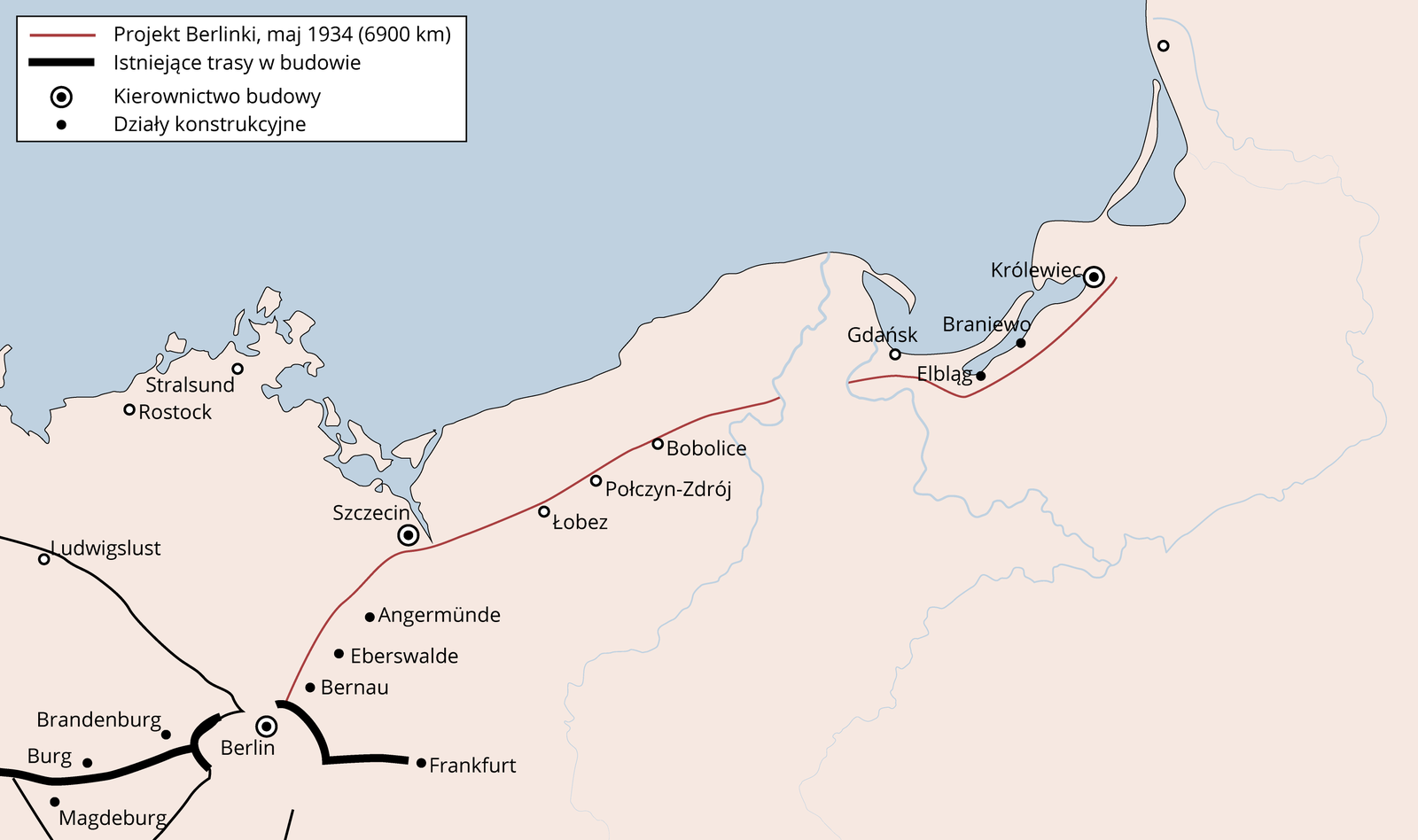 Ilustracja przedstawia projekt budowy autostrady datowany na maj 1934 rok. Autostrada nazywana Berlinką ma mieć długość 6900 kilometrów. Kierownictwo budowy znajduje się w Berlinie i w Królewcu. Działy konstrukcyjne znajdowały się w miastach na wschód od Berlina w Magdeburgu, Burgu i Brandenburgu oraz w miastach na zachód od Berlina, w Bernau, Eberswalde, Angermunde i we Frankfurcie oraz Elblągu i Braniewie. Trasy istniejące w w budowie okrążały Berlin od wschodu i zachodu. Zachodnia obwodnica Berlina prowadziła dalej na zachód wzdłuż miast Brandenburg, Burg i Magdenburg. Natomiast wschodnia obwodnica Berlina prowadzi na wschód do Frankfurtu. Projekt drogi zakładał poprowadzenie jej od Berlina na północny‑wschód, wzdłuż niemieckich miast: Bernau, Eberswalde, Angermunde, dalej obok Szczecina i polskich miast Łobez, Połczyn‑Zdrój, Bobolice, Elbląg, Braniewo i Królewiec.