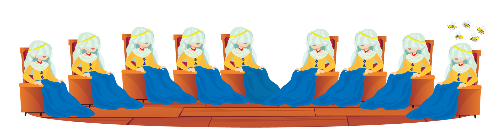 Ilustracja przedstawia brązową podłogę, na której stoi dziewięć brązowych krzeseł. Na każdym z nich siedzi kobieta w żółto‑granatowej sukni z białym kołnierzem. Głowę ma nakrytą białą chustą ze złotą opaską. Na jej szyi widać czerwone korale. Nad głową kobiety siedzącej całkiem po prawej stronie lata w kręgu pięć pszczół.