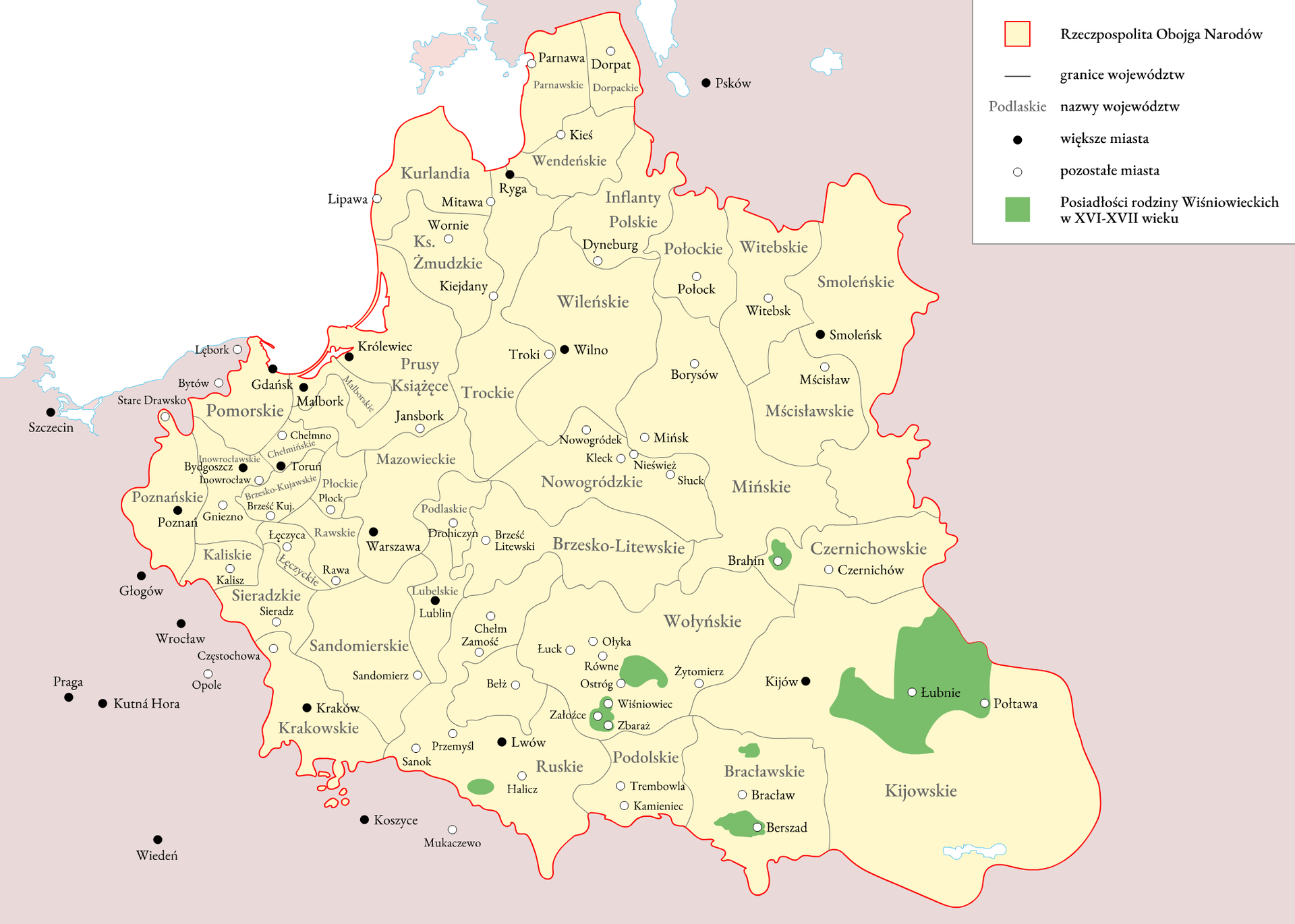 Kliknij, aby powiększyć. Mapa przedstawia obszar majątków ziemskich rodu Wiśniowieckich w granicach Rzeczypospolitej Obojga Narodów. Zlokalizowane są w województwie ruskim, w okolicach Halicza, kijowskim (główne ośrodki: Łubnie i Połtawa), wołyńskim (główne ośrodki: Wiśniowiec, Zbaraż i Załoźce), bracławskim w okolicach Berszadu i czernichowskim wokół Brahina.