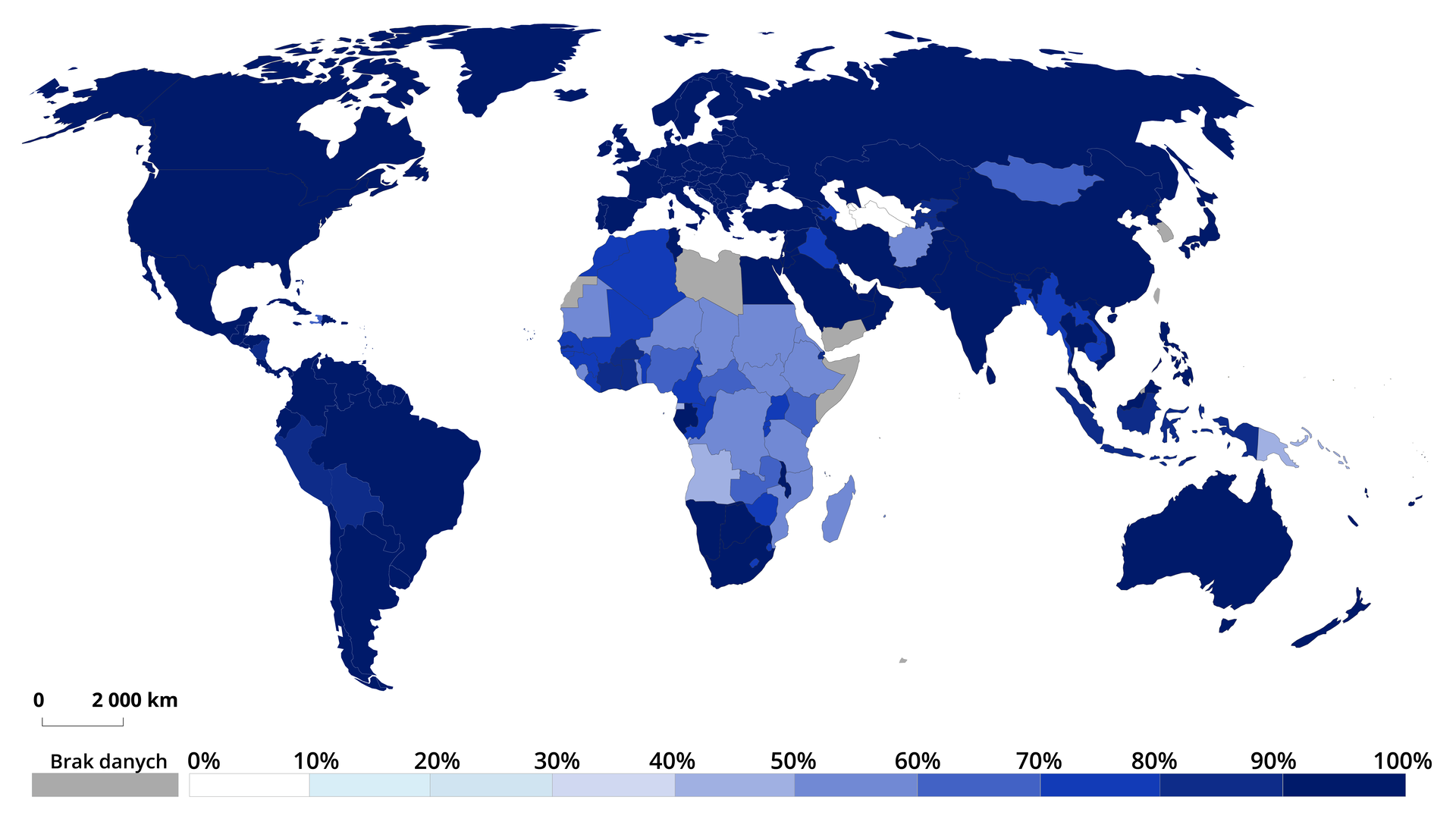 Na mapie świata uwzględniono odsetek osób mających dostęp do wody pitnej o odpowiedniej jakości w 2015 r. Najmniejszy odsetek ludności poniżej 40-50% dotyczy Angoli. Od 50% do 60% dotyczy wielu krajów centralnej Afryki, południowo-wschodniej, Madagaskaru, Mauretanii, Afganistanu, Papui-Nowej Gwinei. Odsetek ludności z dostępem do wody w przedziale 60-70%: Mongolia, Nigeria, Republika Środkowoafrykańska, Kenia, Zambia. Odsetek ludności w przedziale 70-80%: Algieria, Mali, Maroko, Gwinea, Kamerun, Uganda, Peru, Boliwia, Birma, Laos, Kambodża, Irak, Azerbejdżan. 80-90% Kirgistan, Tadżykistan, Indonezja, Nigeria. Pozostałe państwa świata od 90 do 100%.        