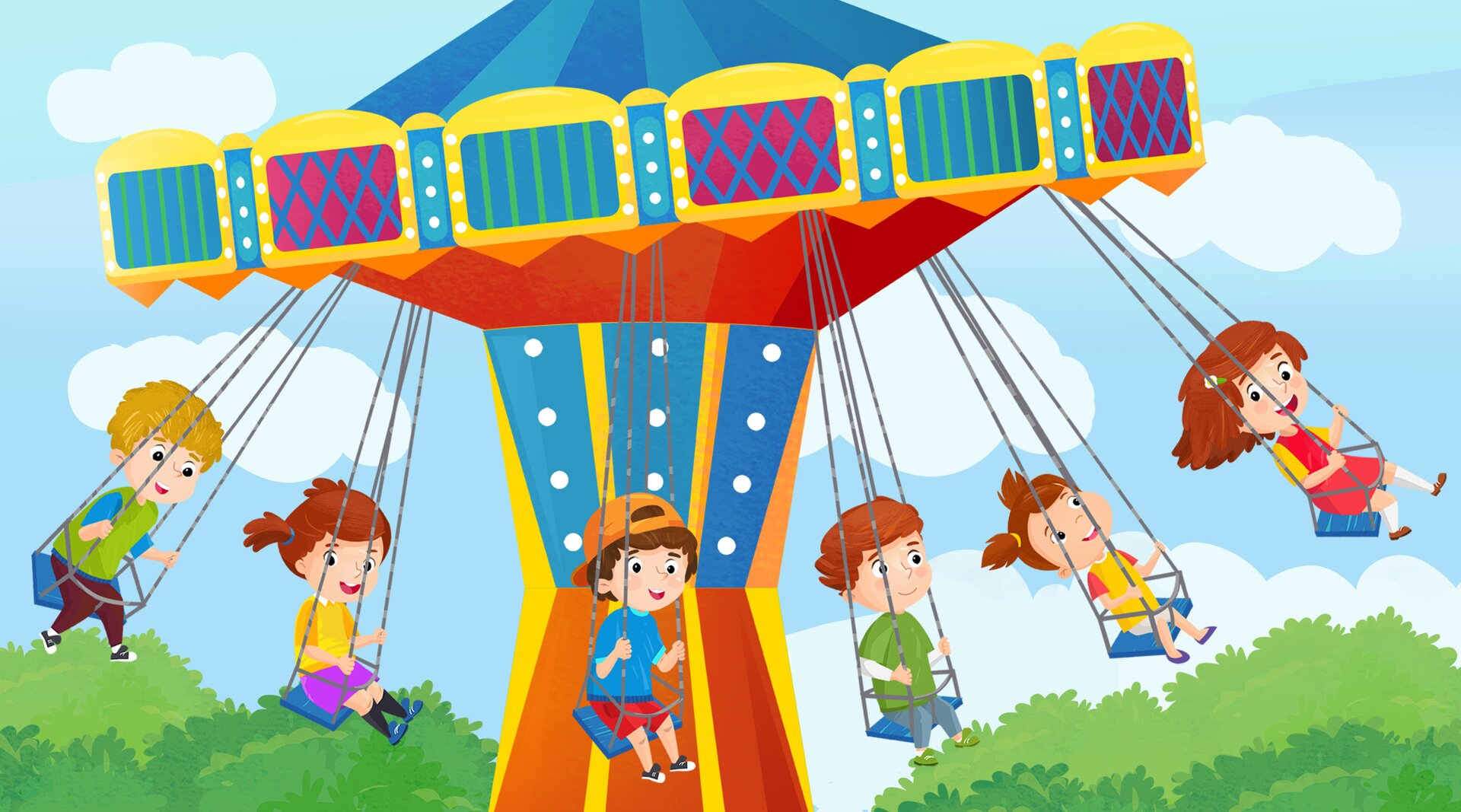Na ilustracji znajduje się park rozrywki. Dzieci kręcą się na karuzeli.