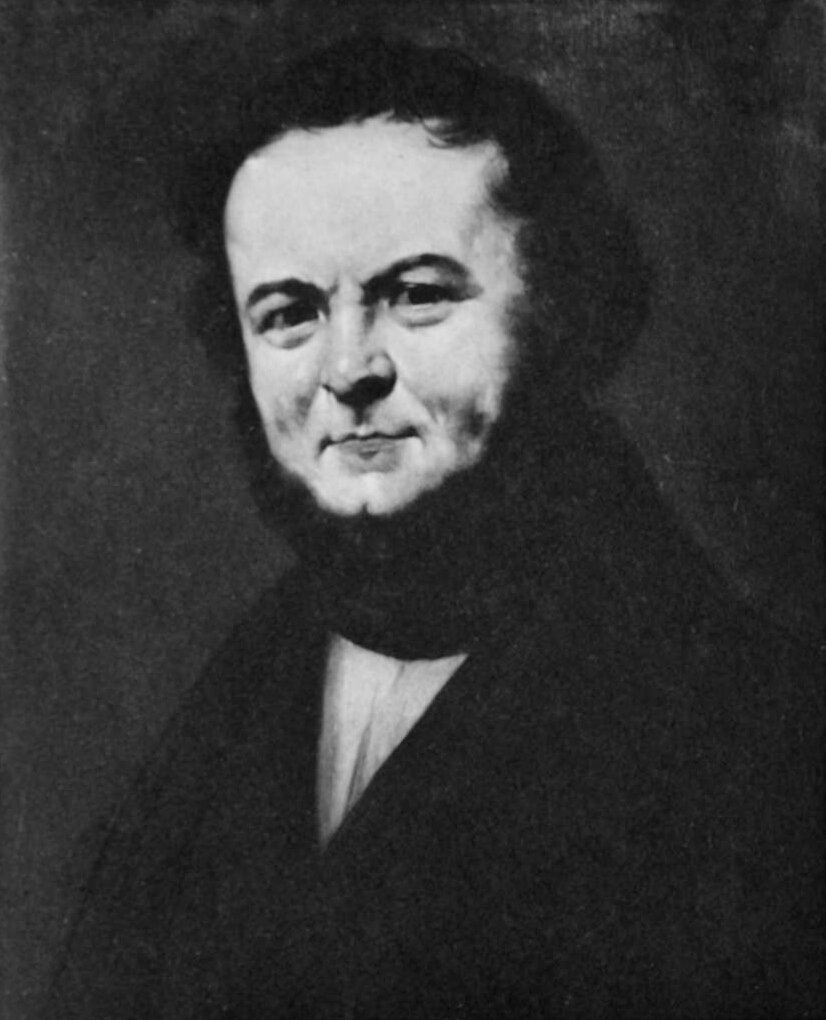 Obraz przedstawia męski portret. Jest to dojrzały mężczyzna. Ma wysokie czoło. Głowę okalają mu półdługie, falowane włosy. Jego twarz jest okrągła. Ma bujny, ciemny zarost, ale wyłącznie pod brodą i pod dolną szczęką. Ubrany jest w ciemny surdut i jasną koszulę.