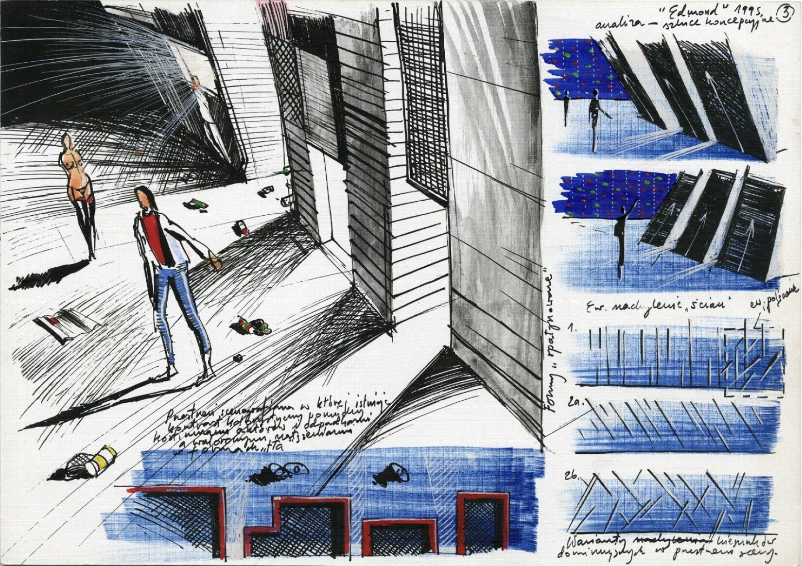 Ilustracja przedstawia szkic koncepcyjny do realizacji spektaklu „Egmond” Davida Mameta. Składa się z 7 szkiców. Z lewej strony jest jeden duży, pod nim jeden mały, a z prawej pięć małych szkiców. Największy szkic przedstawia 2 postaci stojące na zaśmieconej podłodze. W tle znajdują się ściany budynków. Pod jedną ze ścian stoi postać. Szkic jest w kolorystyce czarno‑białej z kolorowymi elementami na postaciach i na śmieciach. Pod szkicem znajduje się 5 linijek notatek, a z prawej strony jedna. Mniejszy szkic z lewej strony przedstawia 4 wielokąty o czerwonej ramie. W środku każdego z nich jest narysowana czarna, ukośna kratownica. Nad wielokątami znajdują się 2 czarne lampy. Tło jest w kolorze niebieskim. Pierwszy szkic po prawej stronie przedstawia 2 postaci stojące przed 3 czarnymi ścianami. Na każdej ścianie jest biała strzałka skierowana ku górze. Podłoga jest w jasnoniebieskim  kolorze, a tło w ciemnoniebieskim z czerwonymi i niebieskimi kropkami. Nad szkicem jest napis: „Egmond 1995 analiza- szkice koncepcyjne” i liczba 3 w kółku. Drugi szkic po prawej stronie jest bardzo podobny do poprzedniego. Różni je tylko to, że jest jedna postać. Ma ona rękę podniesioną do góry. Trzeci szkic po prawej stronie rozpoczyna się od cyfry 1. Na niebieskim tle narysowane są czarne pionowe kreski. oraz przerywany kwadrat z ukośnymi kreskami. Nad szkicem znajduje się napis: „ew. nachylenie ścian, ew. połączenie”. Czwarty szkic po prawej stronie rozpoczyna się od cyfry 2a. Na niebieskim tle narysowane są czarne ukośne linie. Piąty szkic po prawej stronie rozpoczyna się od cyfry 2b. Na niebieskim tle narysowane są ukośne, przecinające się czarne linie. Pod szkicem znajdują się 2 linijki notatek. 
