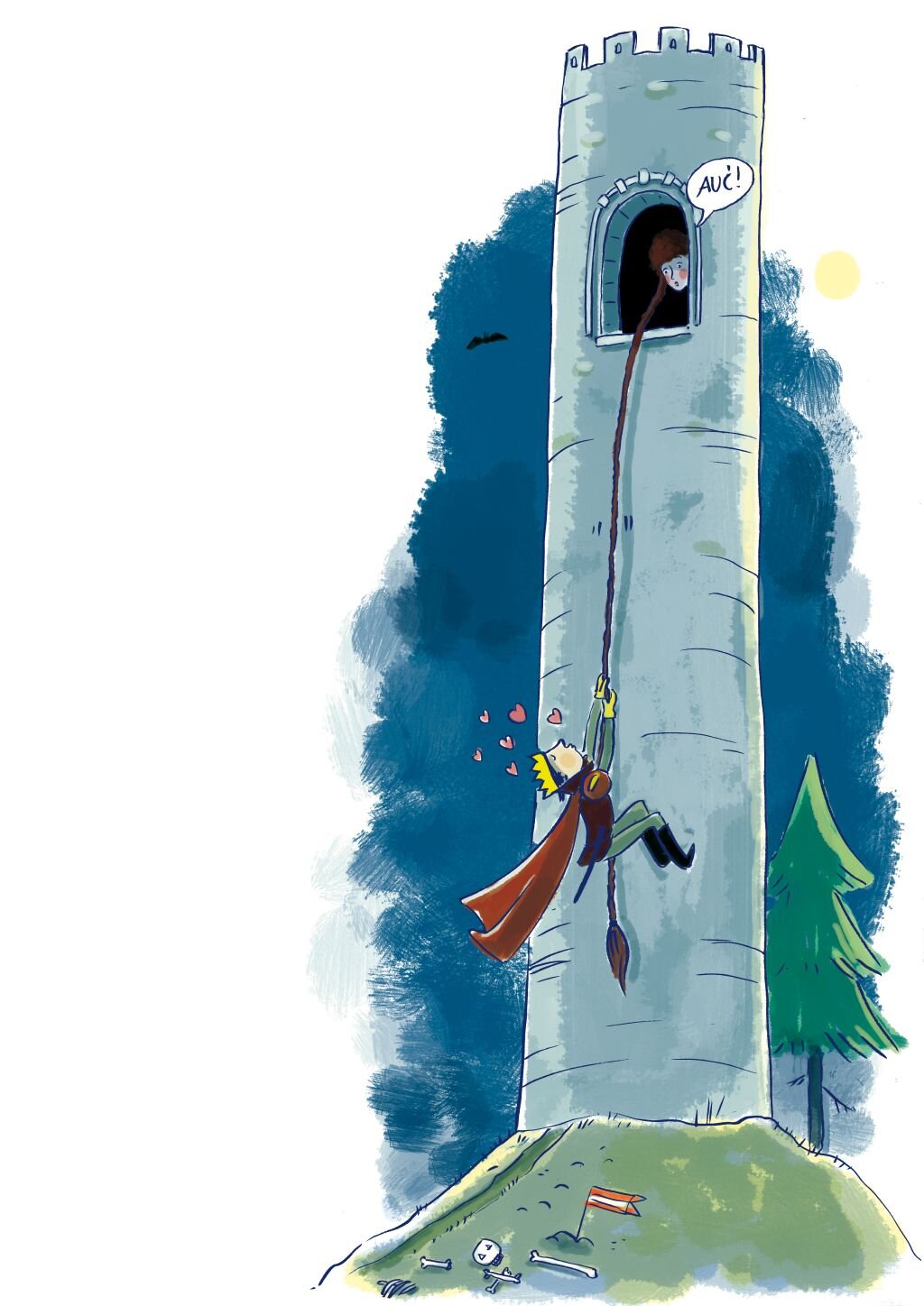 Rysunek. Wysoka wieża z jednym małym okienkiem na szczycie. W okienku widoczna twarz dziewczyny. Dziewczyna spuszcza po ścianie wieży bardzo długi warkocz. Z jej ust wydostaje się dymek z napisem: AUĆ! Po warkoczu, jak po linie, wspina się książę w złotej koronie, długiej czerwonej pelerynie i czarnych, wysokich butach. Wokół jego głowy unoszą się małe, różowe serduszka. Wieża stoi na wzniesieniu, obok rośnie wysoka choinka. Przed wieżą leżą kości i czaszka, obok nich widać wbitą w ziemię chorągiewkę.