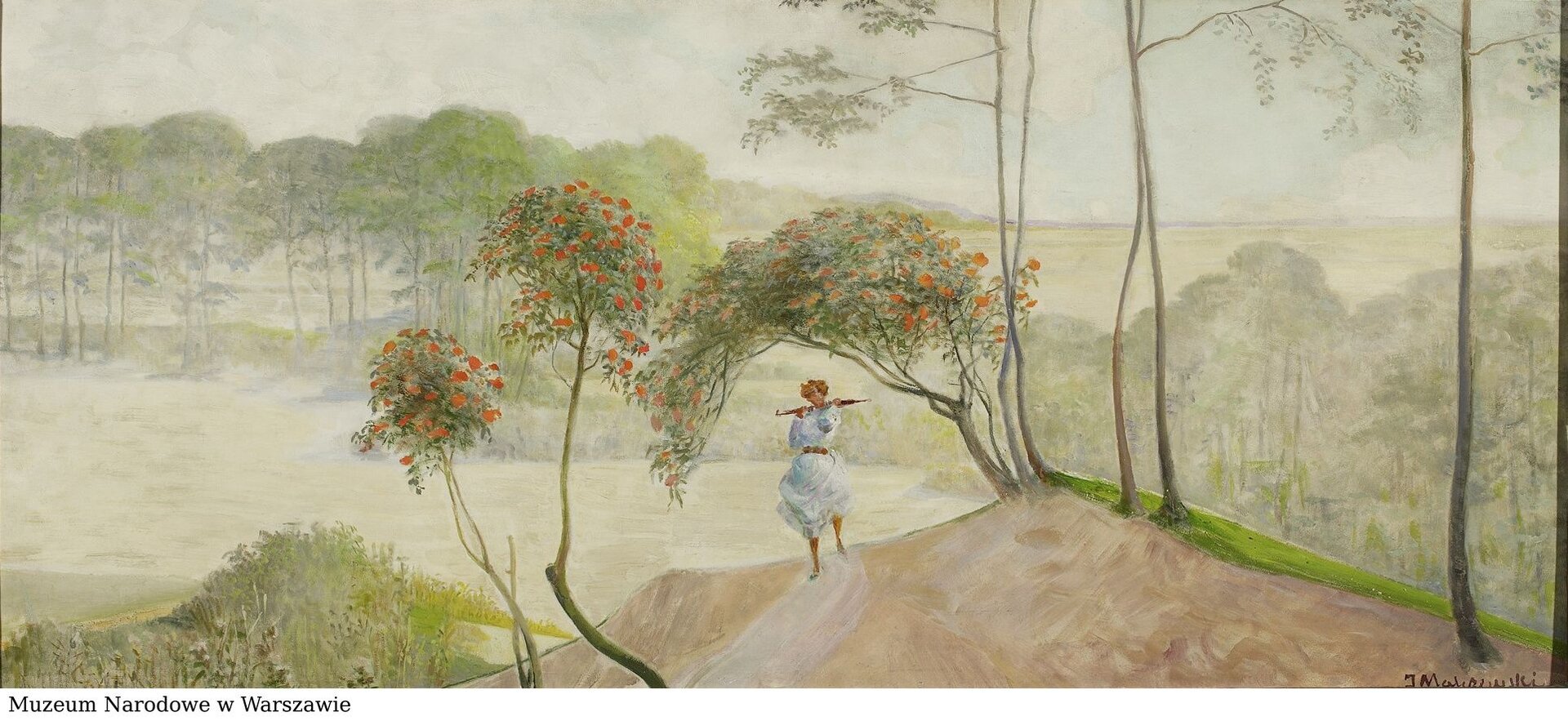 Ilustracja o kształcie poziomego prostokąta przedstawia obraz Jacka Malczewskiego „Idź nad strumienie”. Ukazuje idącego pastuszka w białej, długiej koszuli grającego na flecie. Otaczają go drzewa jarzębiny. Za pagórkowatym pejzażem rozciąga się widok z polami i innymi drzewami. Linia horyzontu jest płaska i rozmazana. W obrazie dominują jasne, rozbielone zielenie, ugry.