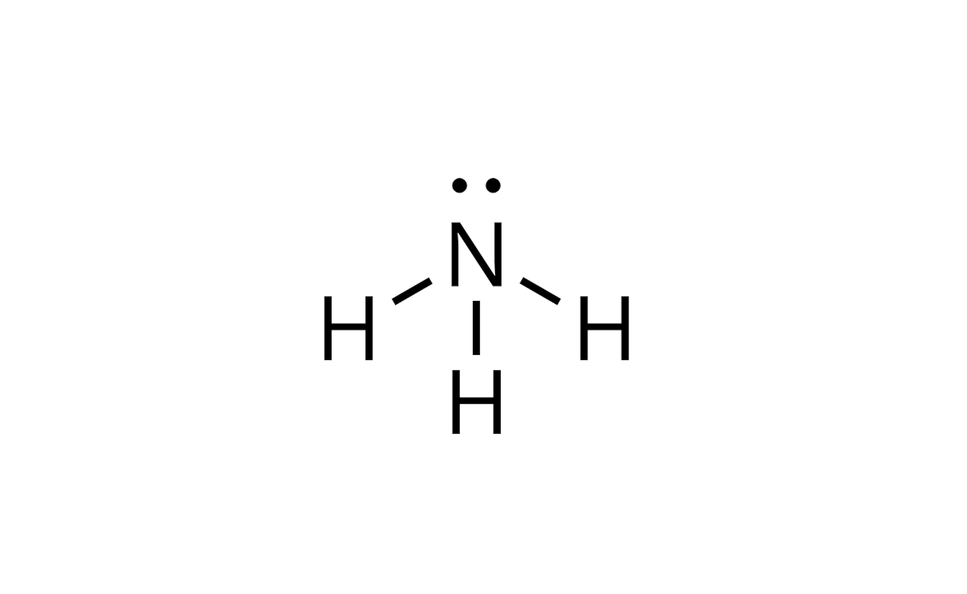 Ilustracja przedstawiająca cząsteczkę amoniaku NH3, która to zbudowana jest z atomu azotu N połączonego z trzema atomami wodoru H. Atom azotu posiada wolną parę elektronową zaznaczoną w postaci pary kropek. Cząsteczka ma kształt piramidy trygonalnej.