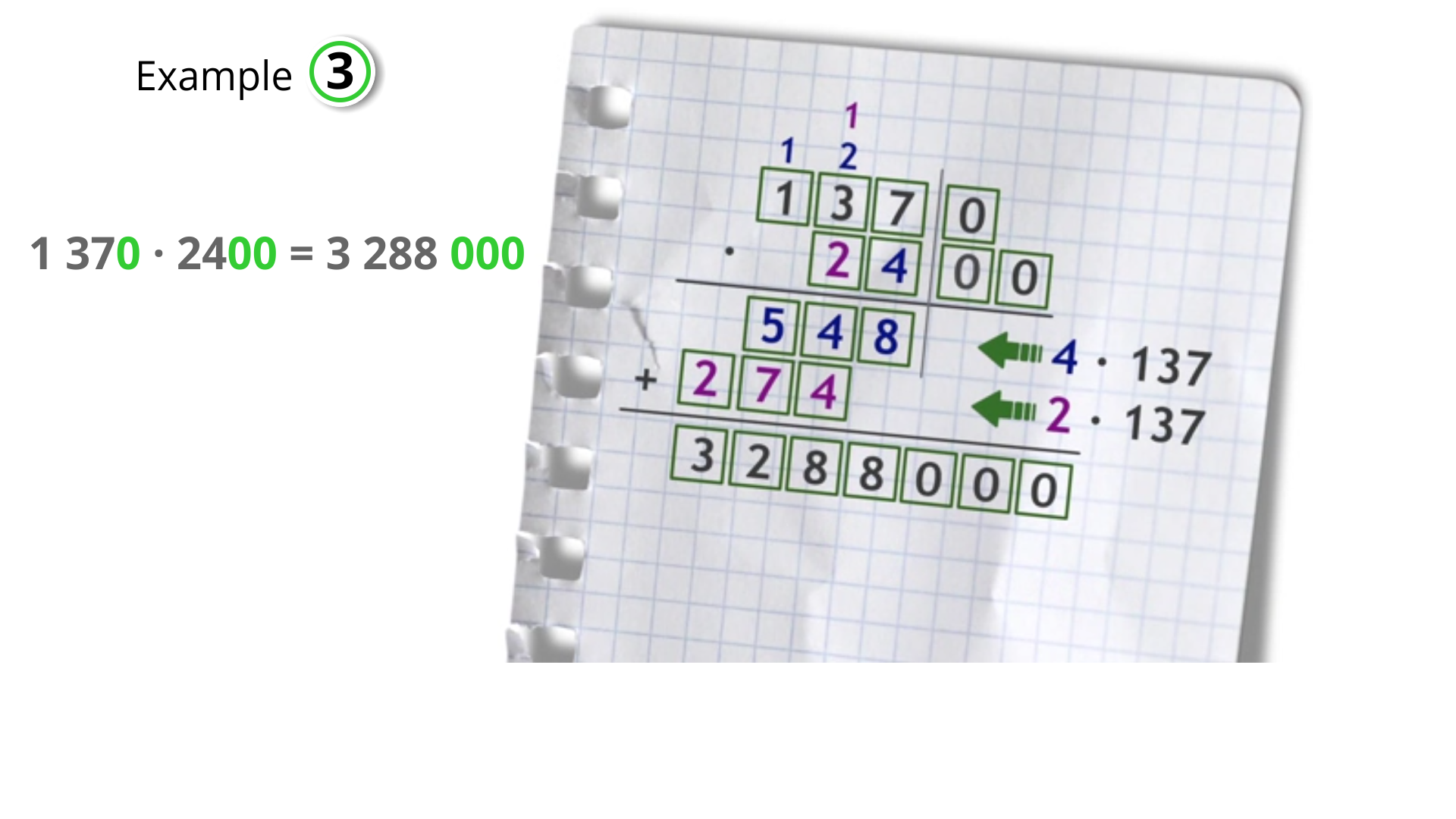 Na rysunku rozpisany jest przykład pisemnego mnożenia, z zachowaniem wszelkich reguł mnożenia liczby naturalnej przez liczbę czterocyfrową, w której dwie ostatnie cyfry są zerami. Po lewej stronie ilustracji zatytułowanej Example 3 zapisane jest działanie 1370 pomnożyć przez 2400 równa się 3288000. Po prawej stronie znajduje się kartka w kratkę z rozpisanym przykładem pisemnego mnożenia. Każda cyfra zapisana jest w osobnej kratce. W pierwszym wierszu w kolumnie setek 0, w kolumnie tysięcy 7, w kolumnie dziesiątek tysięcy 3, w kolumnie setek tysięcy 1. Poniżej znak mnożenia i w kolumnie dziesiątek 0, w kolumnie setek 0, w kolumnie tysięcy 4, w kolumnie dziesiątek tysięcy 2. Poniżej kreska pozioma, pod nią w kolumnie tysięcy 8, w kolumnie dziesiątek tysięcy 4, w kolumnie setek tysięcy 5. Do tego wiersza narysowana jest strzałka od zapisu 4 pomnożyć przez 137. Poniżej znak plus i w kolumnie w kolumnie dziesiątek tysięcy 4, w kolumnie setek tysięcy 7, w kolumnie milionów 2. Do tego wiersza narysowana jest strzałka od zapisu 2 pomnożyć przez 137. Poniżej kreska pozioma, pod nią w kolumnie jedności 0, w kolumnie dziesiątek 0 w kolumnie setek 0, w kolumnie tysięcy 8, w kolumnie dziesiątek tysięcy 8, w kolumnie setek tysięcy 2, w kolumnie milionów 3. Powyżej pierwszego wiersza zapisane są cyfry: nad cyfrą 3 w dwóch wierszach zapisane są od góry 1, 2; nad cyfrą 1 zapisana jest cyfra 1. W pierwszych trzech wierszach narysowana jest kreska między kolumną setek a kolumną tysięcy.
