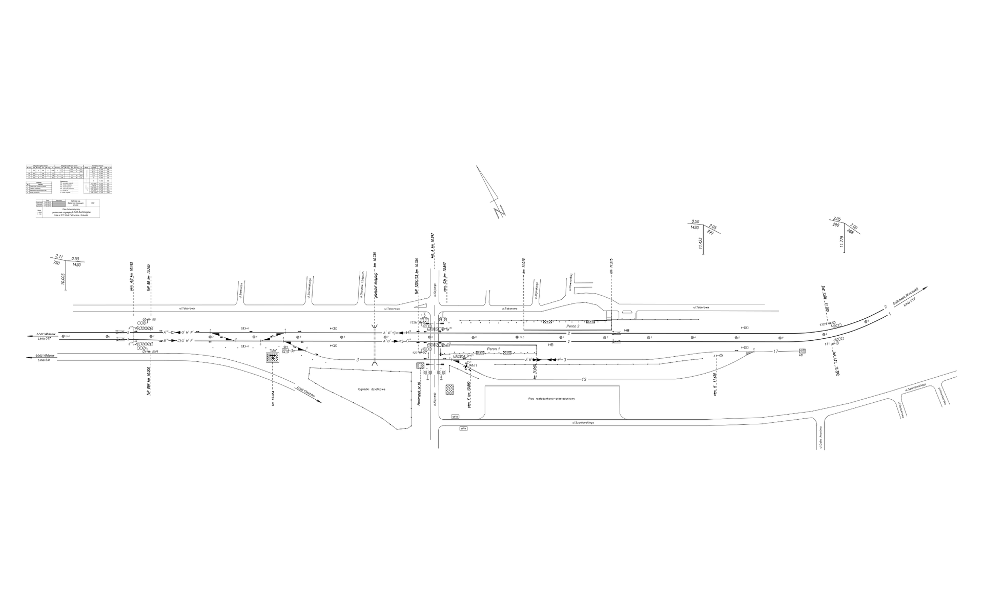 Widok ogólny na plan schematyczny urządzeń sterowania ruchem kolejowym. Ilustracja przedstawia plan schematyczny stacji Łódź Andrzejów. Na planie schematycznym możemy odczytać informację o umiejscowieniu rozjazdów, semaforów, wskaźników, peronów i innych kluczowych do prowadzenia ruchu kolejowego informacji.
