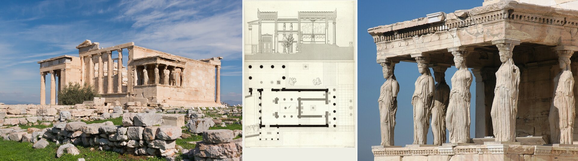 Ilustracja przedstawia kolaż, składający się z trzech zdjęć. Pierwsze z nich ukazuje budynek Akropolu, znajdujący się na środku fotografii. Świątynia składa się z kolumn, a po lewej stronie ukazane są posągi. Przed budynkiem znajdują się fragmenty murów i kamienie. Na środkowym zdjęciu przedstawiono schemat oraz rzut budynku. Rycina jest czarno biała. Rzut przedstawia kropki, które w rzeczywistości są kolumnami oraz czarne linie, czyli ściany. Trzecia fotografia to zbliżenie na sześć kariatyd. Są to podpory w kształcie kobiecych postaci, dźwigających na głowach elementy architektoniczne budowli.