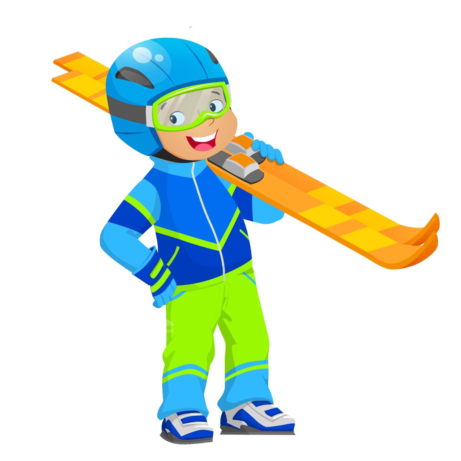 Ilustracja przedstawia chłopca ubranego w kombinezon narciarski, kask, okulary oraz buty narciarskie. Ma przy sobie narty, które opiera na ramionach.