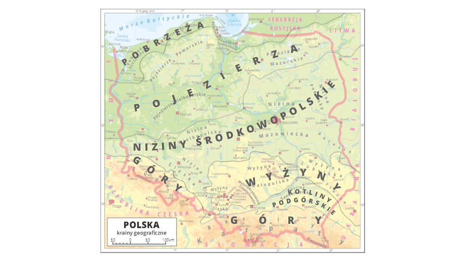 Aktywna mapa Polski z zaznaczonymi pasami poszczególnych krajobrazów Polski. Od północy są to kolejno pas: pobrzeży, pojezierzy, nizin środkowopolskich, wyżyn, kotlin podgórskich, gór.