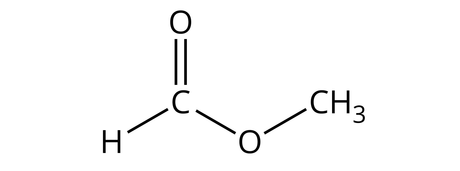 Ilustracja przedstawiająca wzór półstrukturalny mrówczanu metylu zbudowanego z atomu wodoru związanego z atomem węgla, który to łączy się za pomocą wiązania podwójnego z atomem tlenu oraz za pomocą wiązania pojedynczego z drugim atomem tlenu podstawionym grupą metylową CH3.