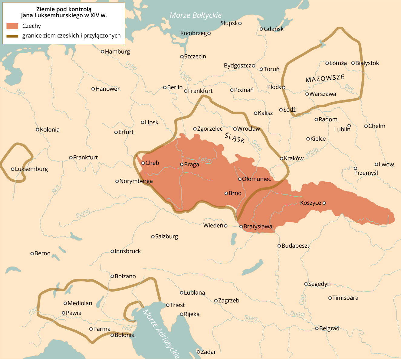 Mapa przedstawia fragment Europy z zaznaczonym obszarem pod kontrolą Jana Luksemburskiego w XIV wieku. Czechy mieściły się na dzisiejszym terenie Czech i Słowacji. Granice ziem czeskich i przyłączonych wyznaczają obszary: wschodnich Czech z miastami Praga, Brno i Ołomuniec. Kolejna kraina wchodzące w skład Ziem czeskich i przyłączanych to Śląsk z miastami Zgorzelec i Wrocław oraz Mazowsze z Warszawą, Łomżą i Białymstokiem. Kolejne zaznaczone obszary to północne Włochy z miastami Mediolan, Parma, Pawia oraz okolice Luksemburgu.