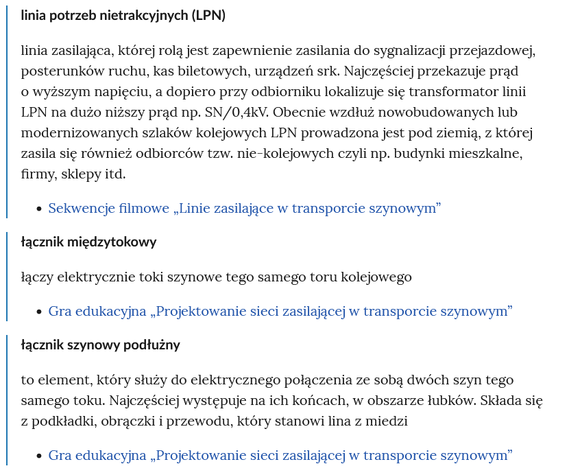 Zrzut ekranu przedstawia kilka pojęć ze Słownika. Konstrukcja jest następująca: pojęcie, poniżej jego wyjaśnienie, a pod nim znajduje się link, po którego kliknięciu użytkownik przenosi się do rozdziału w tym materiale, w którym dane pojęcie jest wykorzystywane. Linków może być jeden lub kilka, w zależności od tego, w ilu rozdziałach użyto pojęcia.