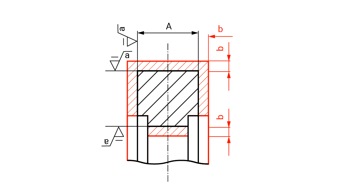 Na ilustracji przedstawiony jest naddatek na obróbkę skrawaniem. Elementem jest odlew, który przypomina kształtem kwadrat położony na dwóch prostokątach. Odlew ma mocno zarysowane krawędzie na inny kolor. Wewnątrz znajduję się wąsko zakreskowany obwód, który ma zaznaczone grube krawędzi z obu stron. Wewnątrz znajduję się szeroko zakreskowany element. Wymiary odlewu są zaznaczone na inny kolor niż wymiary przeznaczone na obróbkę. Odlew ma wymiar A, natomiast naddatki mają długość b. Naddatek do skrawania znajdujący się po zewnętrznej stronie kwadratu oraz linie wymiarowe z opisem: b są wykonane w kolorze czerwonym. 