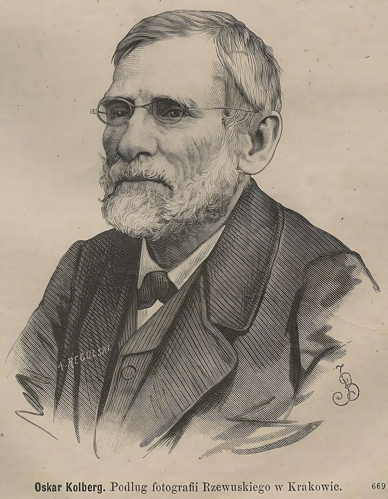 Na ilustracji grafika przedstawiająca portret starszego mężczyzny. Ma on krótkie włosy i siwą brodę. Na oczach okrągłe, metalowe okulary. Ubrany jest w marynarkę, kamizelkę zapinaną na guziki a pod nią białą koszulę. Na dole napis: Oskar Kolberg. Podług fotografii Rzewuskiego w Krakowie.