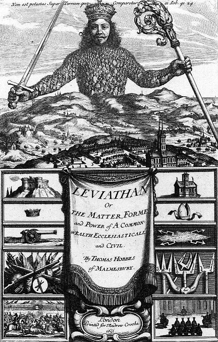Zdjęcie przedstawia stronę tytułową książki Lewiatan. W górnej części strony znajduje się ilustracja. Na tle krajobrazu namalowana jest postać mężczyzny. Mężczyzna trzyma w prawej ręce uniesiony ku górze miecz. W lewej ręce berło. Na głowie ma koronę. Pod tym rysunkiem znajdują się w dwóch kolumnach małe rysunki. Od lewej strony widoczne są: zamek na wzgórzu, poniżej korona królewska, armata, broń, pole bitwy. Od prawej strony widoczne są: kościół, mira biskupia, symbole błyskawicy, rogi i dwu- i trójzęby, kapłani zasiadający w dużej sali.