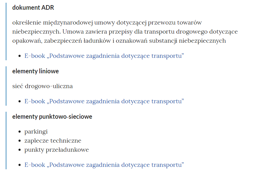 Zrzut ekranu przedstawia kilka pojęcie ze Słownika. Konstrukcja jest następująca: pojęcie, poniżej jego wyjaśnienie, a pod nim znajduje się link, po którego kliknięciu użytkownik przenosi się do rozdziału w tym materiale, w którym dane pojęcie jest wykorzystywane. Linków może być jeden lub kilka, w zależności od tego, w ilu rozdziałach użyto pojęcia.