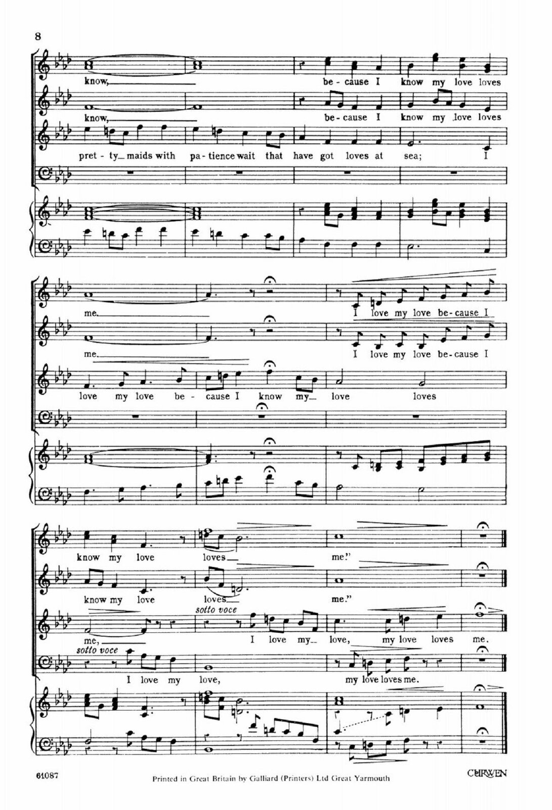 Ilustracja przedstawia: zapis nutowy składający się z pięciolinii, na których umieszczone są zapisy określonych znaków muzycznych utworu Gustav Holst, „I love my love”.