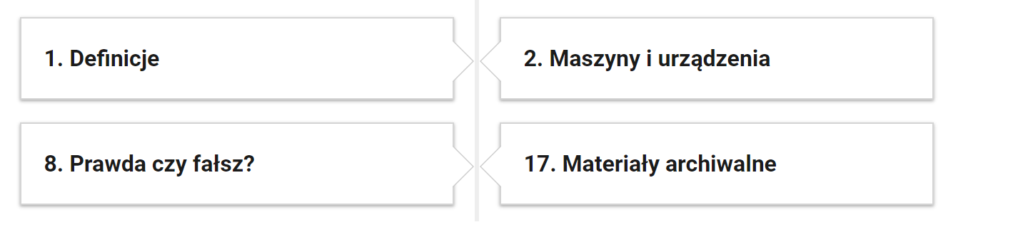 Widok przykładowego przycisku powiązanych ćwiczeń. Cztery ramki obok siebie, po dwie w dwóch rzędach. Widoczne są tytuły i rodzaje zadań. Zadania wyświetla się po kliknięciu na ramkę.