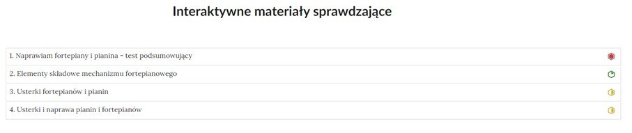 Grafika przedstawia widok interaktywnego materiału sprawdzającego, czyli zbioru poszczególnych zadań w formie listy z nazwami zadań, gdzie po kliknięciu w nazwę zadania pojawi się jego zawartość. Na liście, na prawo od nazwy każdego zadania widnieje ikonka informująca o poziomie trudności danego zadania. 