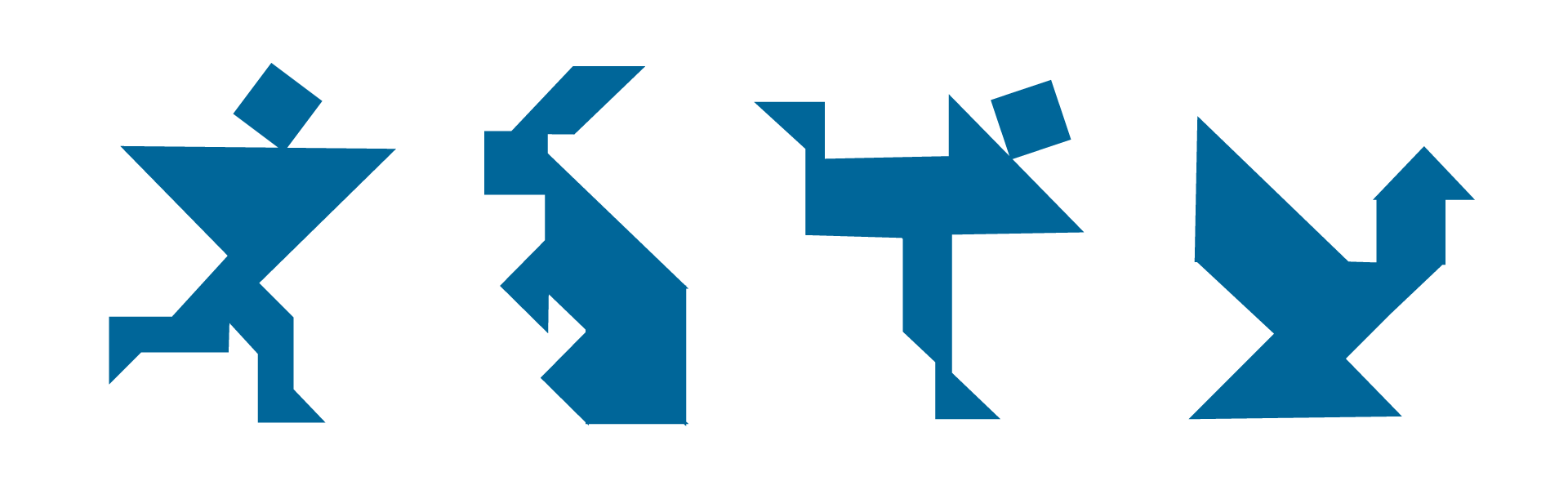 Rysunek przedstawia cztery figury, złożo ne ze wszystkich tanów tangramu. Człowiek biegnący, zając, człiwek "robiący jaskółkę", kogut