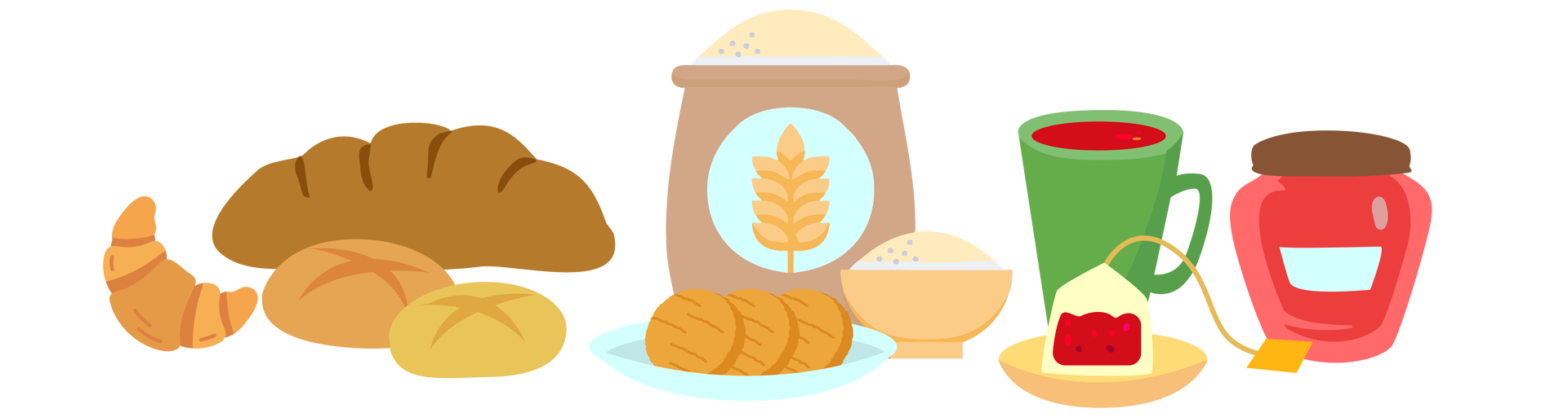 Ilustracja przedstawia produkty spożywcze. Od lewej są to: rogalik, bochenek chleba, dwie bułki, worek mąki pszennej, trzy okrągłe ciasteczka na błękitnym talerzyku, mąka w beżowej misce, zaparzona herbata malinowa w zielonym kubku, torebka herbaty malinowej na beżowym talerzyku i słoik czerwonego dżemu.