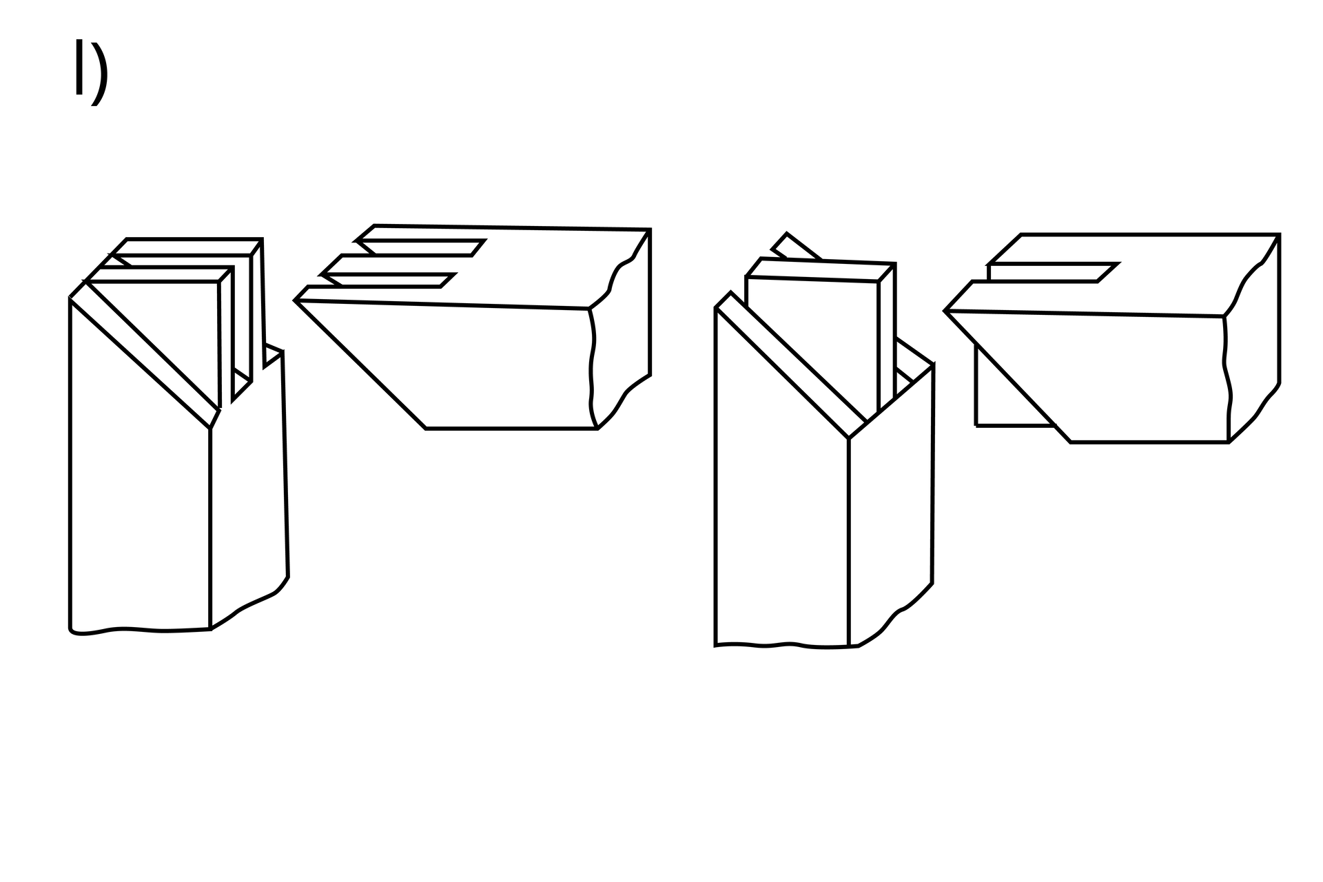 Grafika przedstawia dwa rysunki złącza czopowego uciosowego. Ukazane elementy łączą się pod kątem prostym. Końce łączone elementów ścięte są pod kątem czterdziestu pięciu stopni. Na pierwszym rysunku jeden w jednym z łączonych elementów wycięte są dwa czopy zajmujące całą szerokość, a w drugim otwory dopasowane do czopów. Na drugim rysunku każdy z elementów ma czop oraz wycięcie pasujące do czopa drugiego elementu.