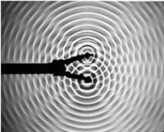 Rys. a. Na ilustracji pokazany jest widok z góry na powierzchnię wody. Widoczne są dwa bolce uderzające periodycznie w powierzchnię wody, które stanowią punktowe źródła fal kolistych, rozchodzących się po powierzchni. Źródła znajdują się obok siebie, w małej odległości. Każde ze źródeł emituje fale, których grzbiety widoczne są w postaci szarych, współśrodkowych okręgów. Fale pochodzące od obu źródeł nakładają się na siebie, co skutkuje powstawaniem jasnych i ciemnych pasków ułożonych na przemian i rozchodzących się promieniście od punktu leżącego pośrodku między źródłami fal. Ciemniejsze pasy, składające się z szarych łuków, są obszarami wzmocnienia fal. Jasne, jednorodne pasy to obszary wygaszenia fal. 