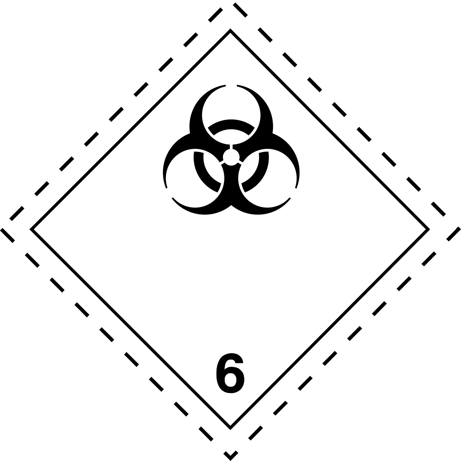 Ilustracja przedstawia oznaczenie Zakaźne. Ma ono kształt rombu w kolorze białym. Wzdłuż krawędzi znajduje się czarny pasek obramowania, a wewnątrz jest symbol składający się z kółka oraz sześciu zakrzywionych kolców, tworzących trzy koła ustawione w trójkącie. Poniżej symbolu jest cyfra sześć.