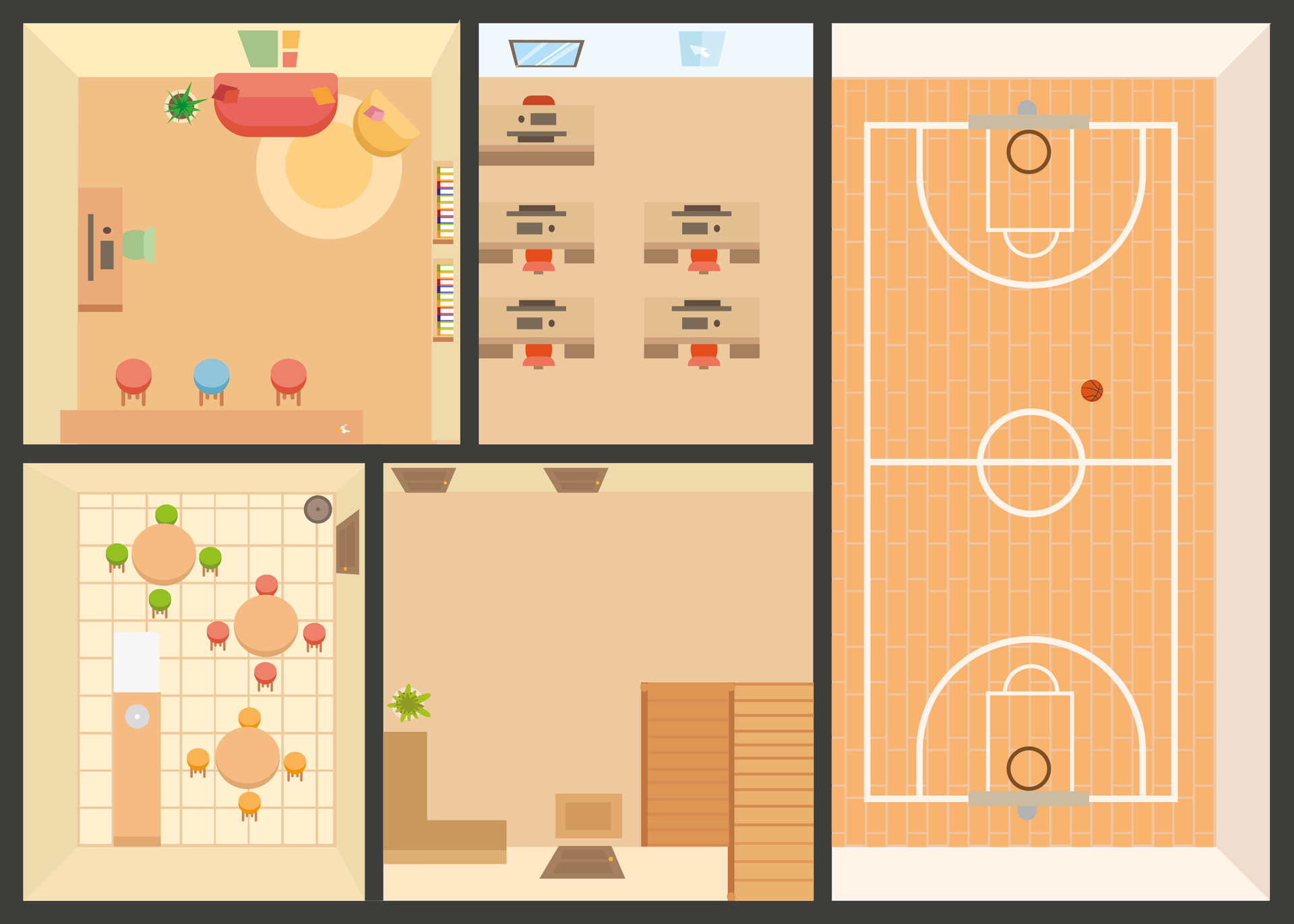   Erdgeschoss Ilustracja ukazuje plan pomieszczeń. Z prawej strony umieszczono salę gimnastyczną, równolegle do niej znajduje się sala lekcyjna oraz korytarz. Z lewej strony natomiast widoczna jest sala jadalna oraz gabinet dyrektora.