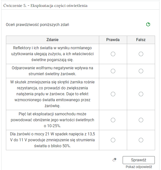 Widok przykładowego zadania z typem odpowiedzi prawda fałsz.