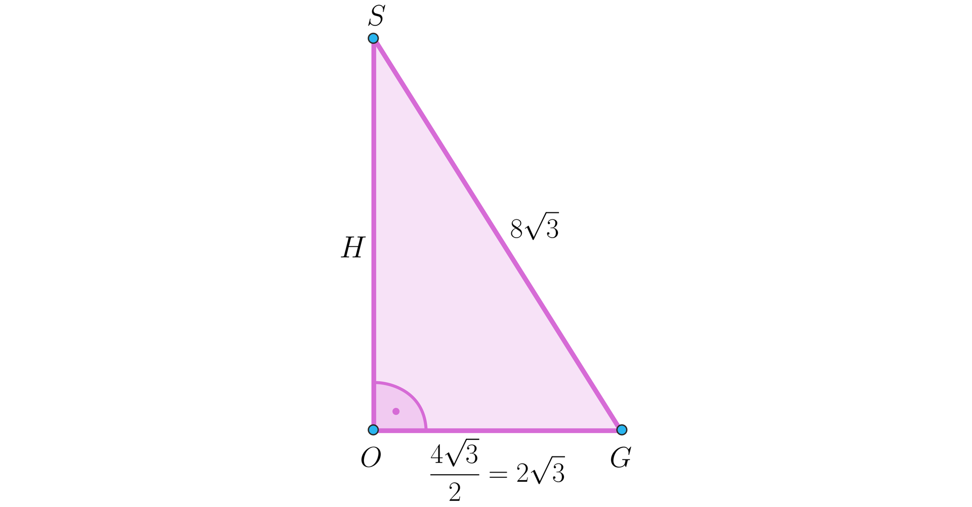 Ilustracja przedstawia trójkąt prostokątny o wierzchołkach OGS, gdzie SG to przeciwprostokątna, która ma długość 83. Przyprostokątna OG ma długość 432=23 , a przyprostokątna SO jest pdopisana literą H. 