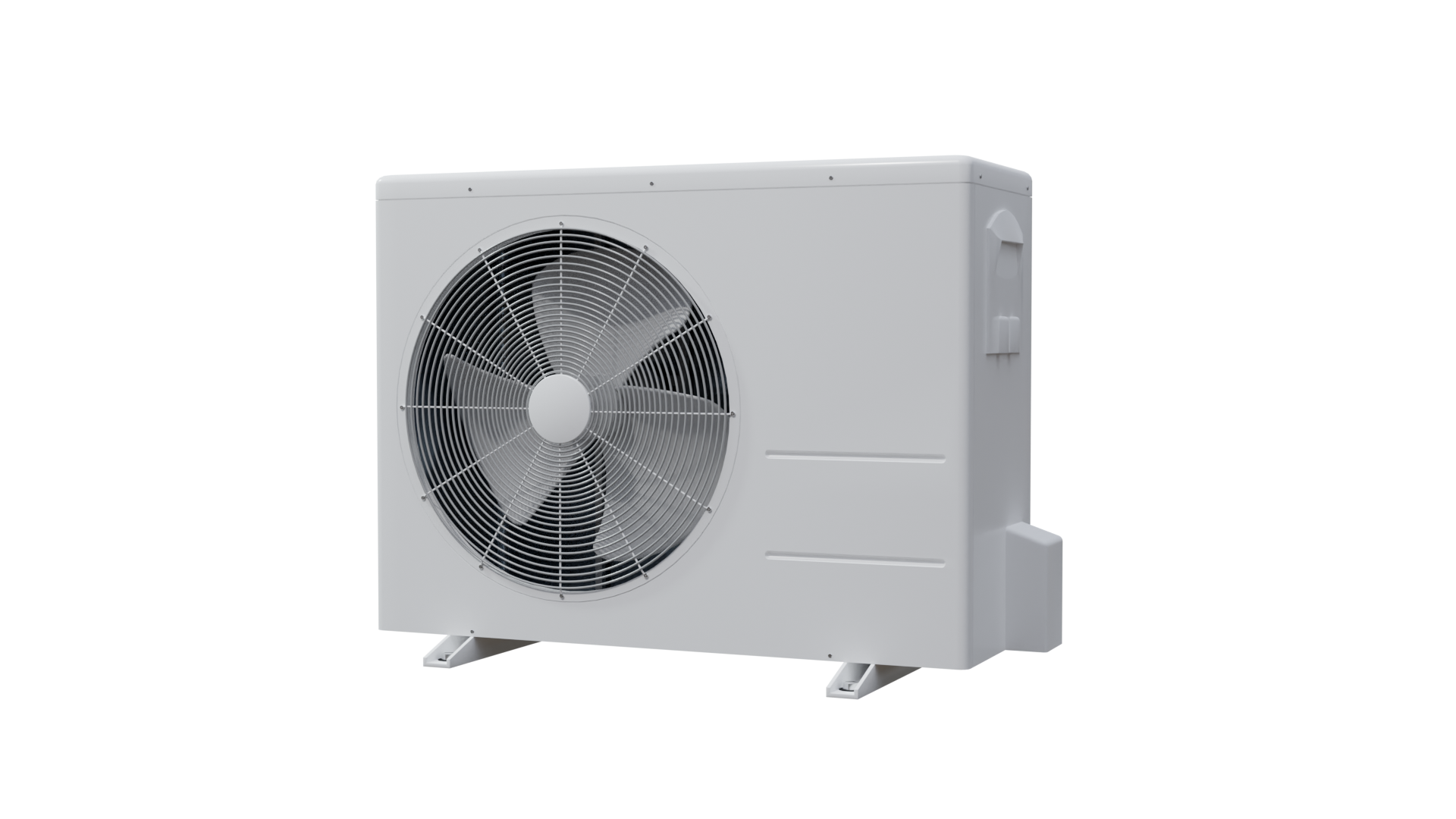 Grafika przedstawia jednostkę zewnętrzną klimatyzatora typu split. Klimatyzator oparty jest na nogach, a z przodu ma osłonięty wiatrak.
Opisy prezentowanych na grafikach obiektów są załączone w treści.