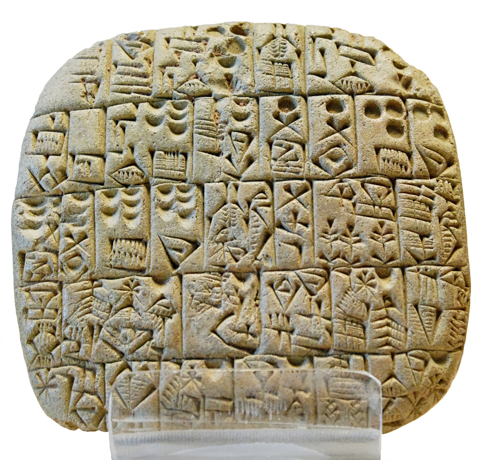Zdjęcie przedstawiające prostokątną glinianą tabliczke, z łagodnie zaokrąglonymi rogami. Na niej wyryte są znaki - litery pisma sumeryjskiego.