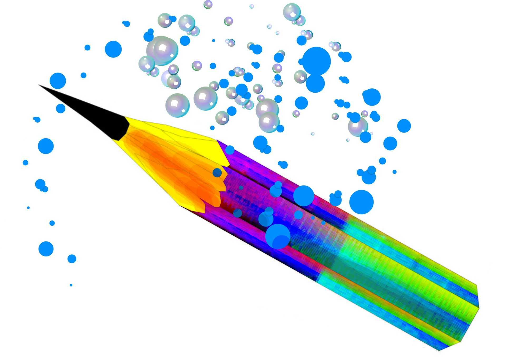 Barwna ilustracja przedstawiająca kolorowy ołówek. Wypełnia on całą przestrzeń ilustracji. Jego ostro zatemperowana czarna część pisząca zwrócona jest w lewą stronę. Dalej ołówek ma część grubszą żółtą, następnie fioletową i zieloną. Wokół ołówka znajduje się wiele niebieskich i srebrnych kółeczek lub bąbelków. Tło jest białe.