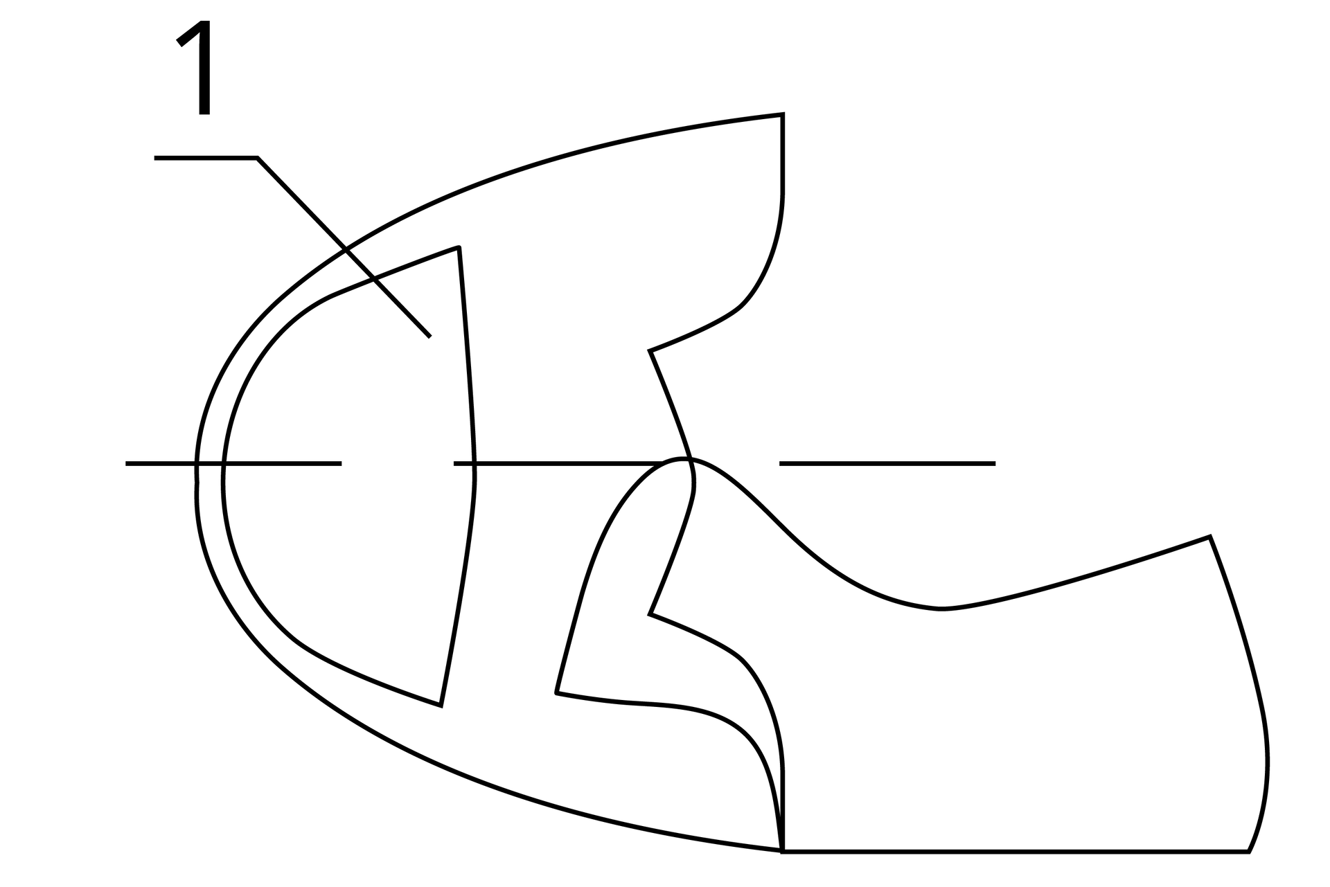 Grafika przedstawia schemat przypominający kształtem tulipana odwróconego na bok. Z jednej strony znajduje się inny podłużny, nieregularny kształt. Schemat jest podzielony w połowie przerywaną poziomą linią. Z lewej strony, w środku kształtu tulipana, znajduje się mniejszy kształt, półokrągły z jednej strony. Od niego odchodzi linia oznaczona jako jeden.