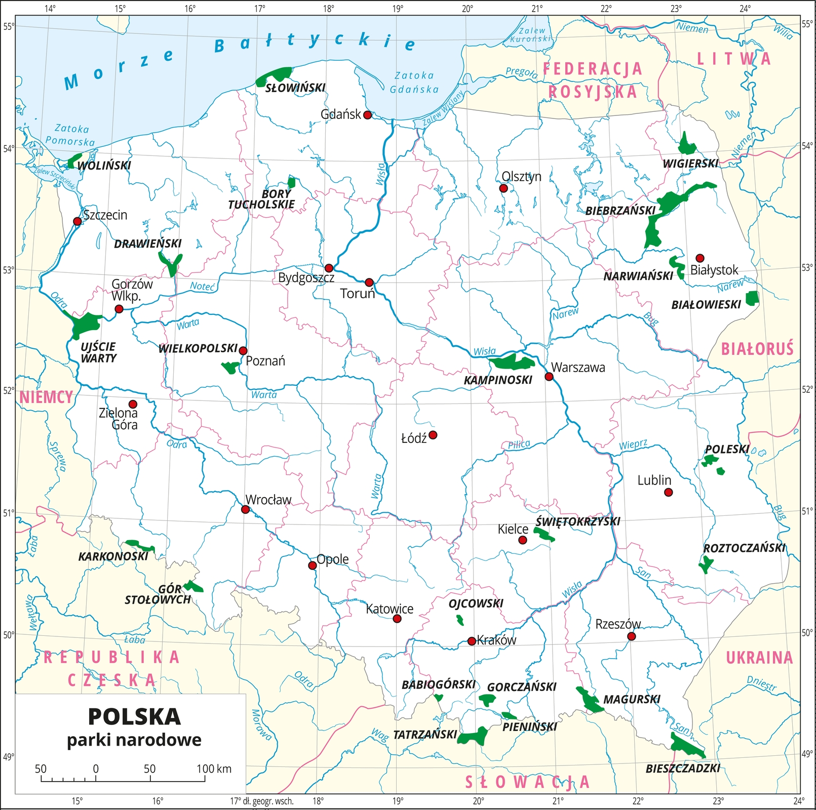 Mapa Polski z oznaczonymi na zielono parkami narodowymi. Nad morzem widoczny jest słowiński park narodowy. Na zachodniej granicy, nad morzem widać woliński park narodowy. Poniżej widać park narodowy ujście warty oraz drawieński park narodowy. Na południe od słowińskiego parku widać park narodowy bory tucholskie. W okolicy Poznania widać wielkopolski park. Na południowym zachodzie w górach widać dwa parki: park narodowy gór stołowych oraz karkonoski park narodowy. Na południu kraju widać następujące parki: ojcowski, babiogórski, tatrzański, gorczański, pieniński, magurski i bieszczadzki. W okolicy Kielc znajduje się świętokrzyski park narodowy. Na wschód od niego widać poleski i roztoczański parki narodowe. W okolicach Warszawy znajduje się kampinoski park narodowy. Na północnym wschodzie kraju znajdują się cztery parki: wigierski, biebrzański, narwiański i białowieski.
