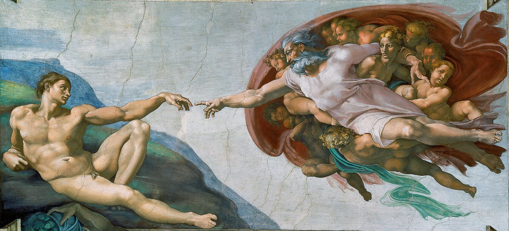 Stworzenie Adama Źródło: Michał Anioł, Stworzenie Adama, 1508–1512, fresk, Kaplica Sykstyńska, Watykan, Rzym, domena publiczna.